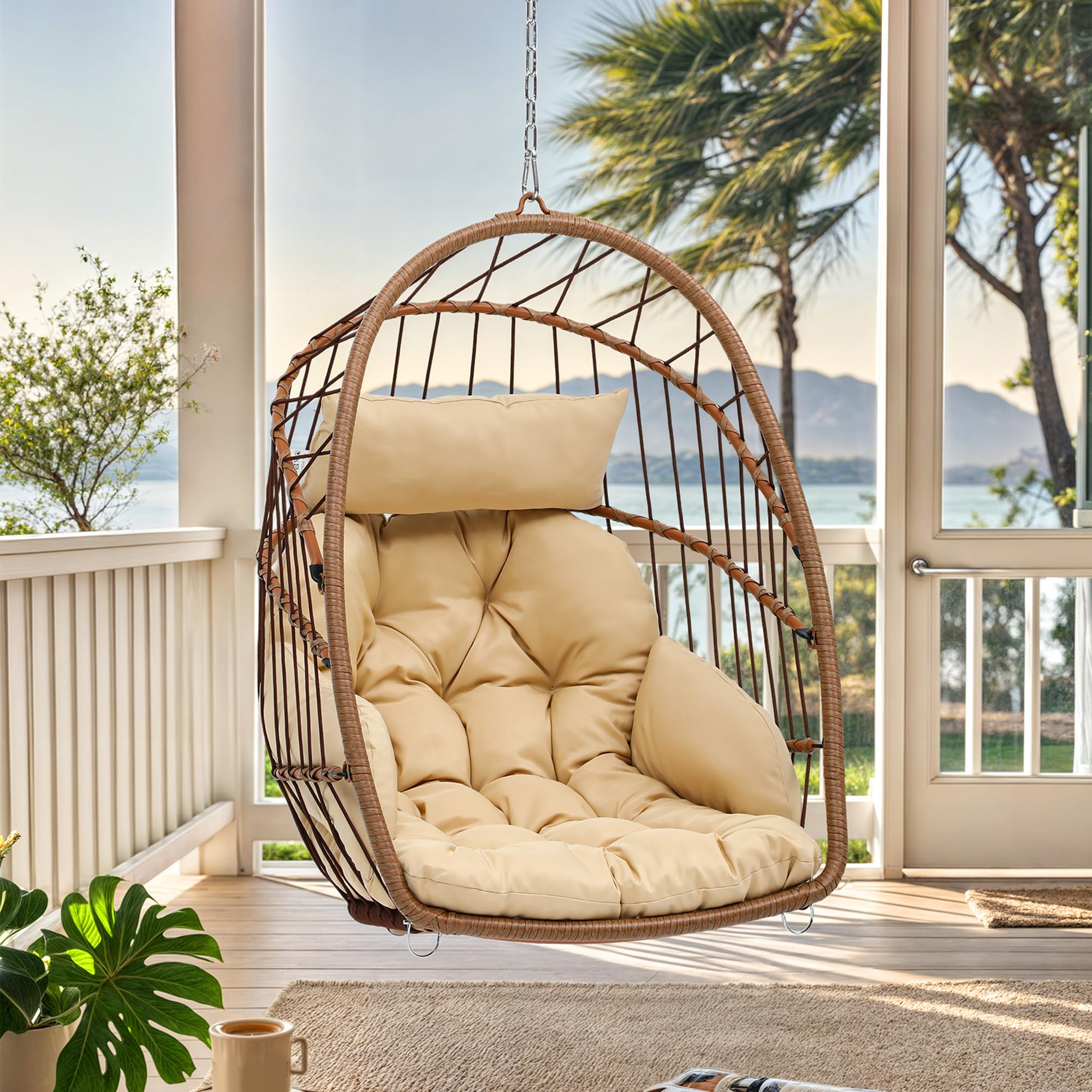 YITAHOME Rattan Swing Chair - Hanging Cushioned Egg Chair in Brown (72cm) Ft. Sturdy Steel Frame for Patio & Living Room