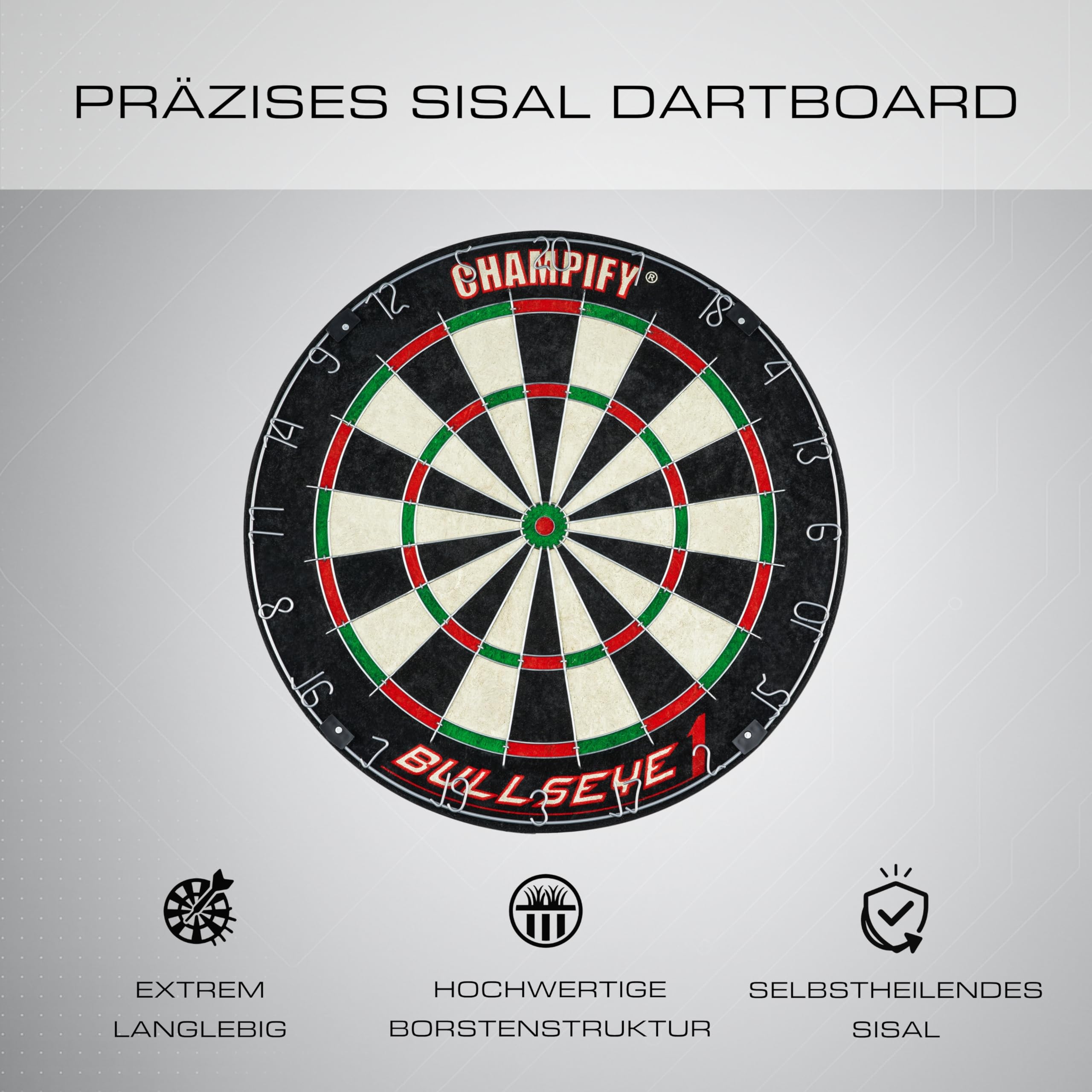 Champify® Dartscheibe Steeldart inkl. 6 Darts – Turniergröße Ø 45 cm – Hochwertiges Sisal Dartboard Set mit 6 Brass Darts & Montagekit – Steeldartscheibe für Anfänger & Fortgeschrittene – Indoor
