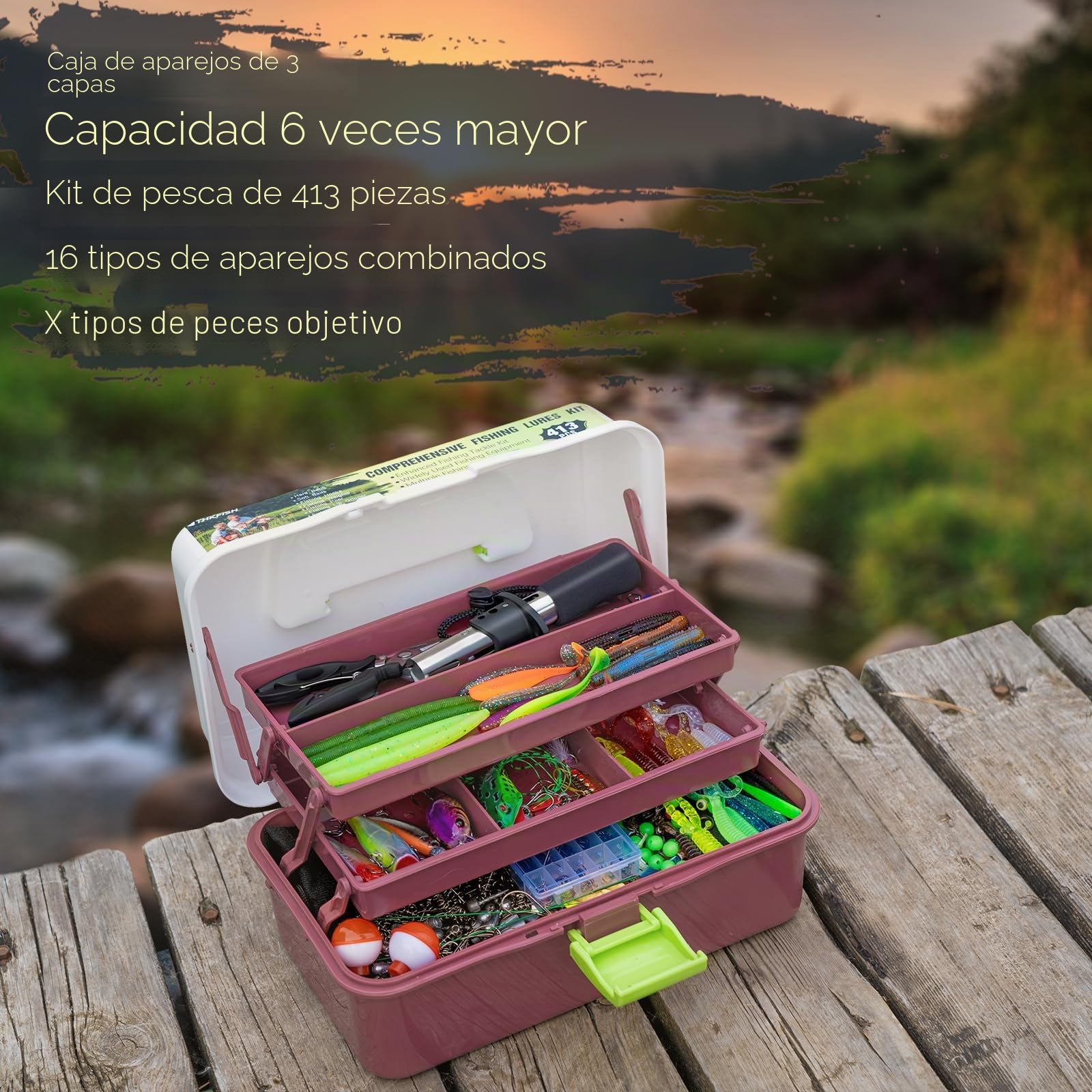 THKFISH Caja de aparejos de 3 capas con aparejos incluidos, 413 piezas de señuelos de pesca, accesorios y herramientas. El kit contiene cebo, ganchos, pesos, plomos, alicates de pesca de lubina