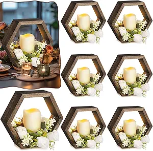 16 Pcs Wooden Candle Lantern Set Includes 8 Rustic Wedding Centerpieces for Table Decorative Candle Lanterns and 8 Flameless Decorative LED Candles for Wedding, Dark Brown, Hexagon