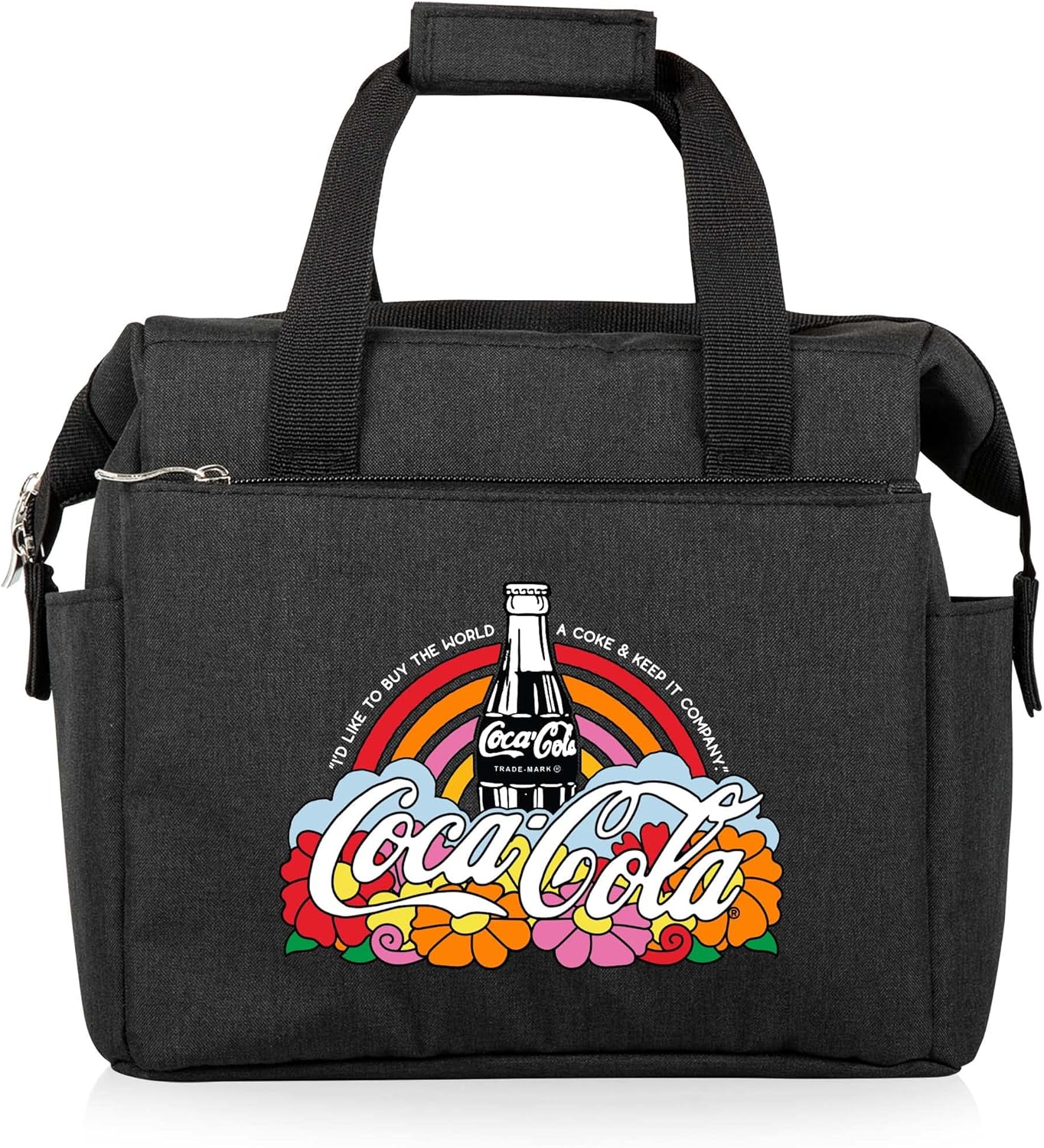 PICNIC TIME Coca Cola Unity Buy The World On The Go Lunch Bag Cooler Insulated Soft Lunch Tote with Expandable Storage Dual Compartments Travel Ready Design, (Black)