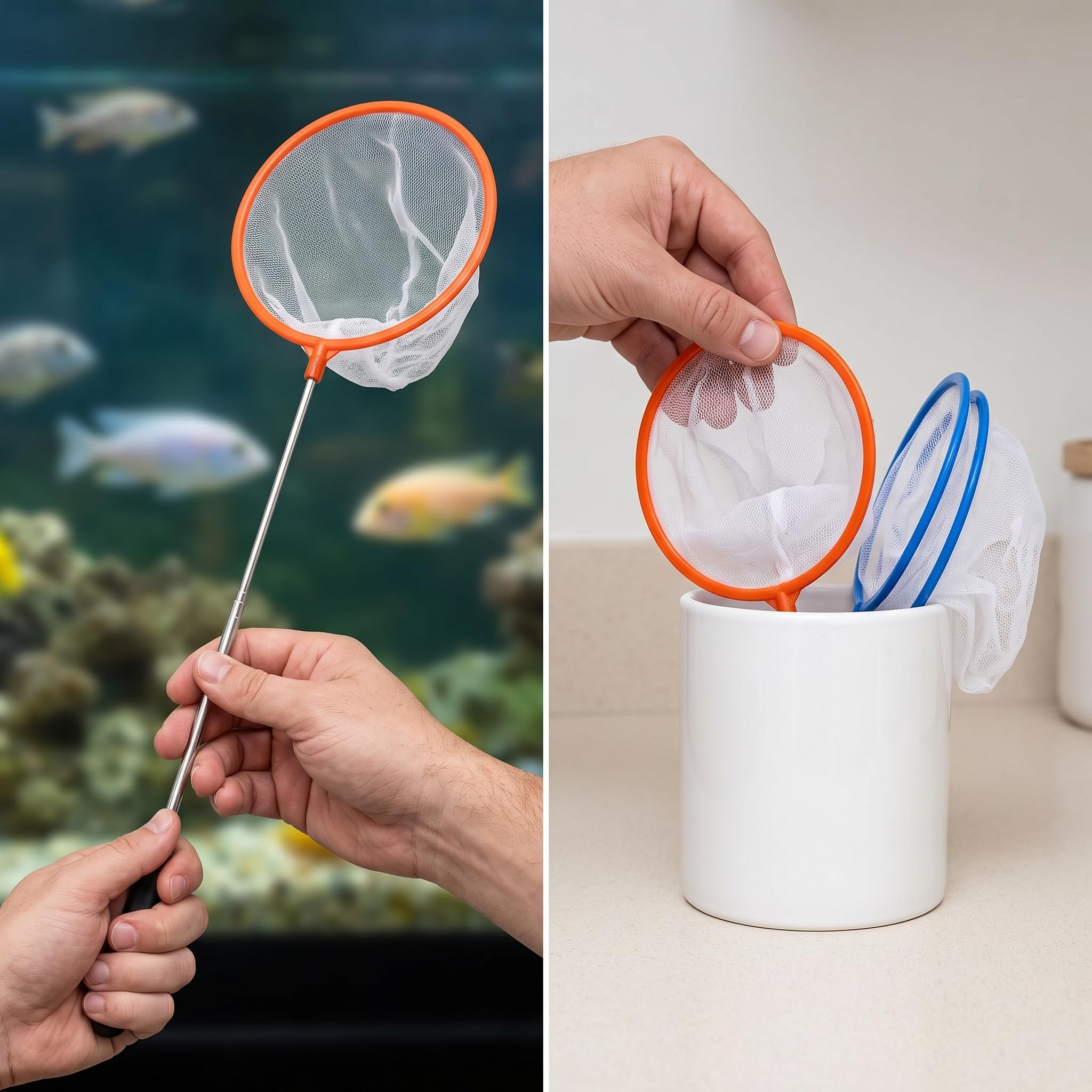 per acquario con manico estensibile, telescopico, per piccoli pesci e pulizia acquario