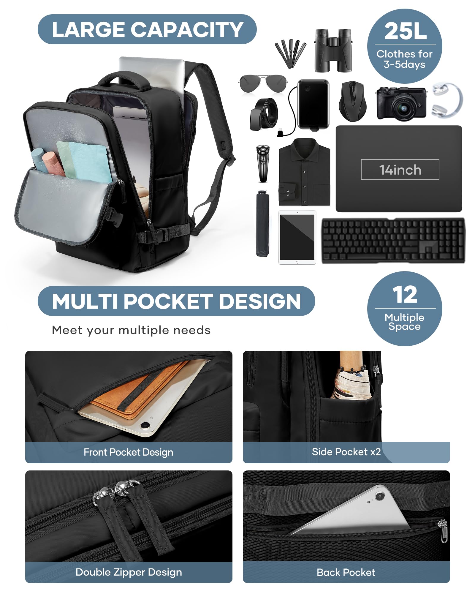 Borse da Cabina per Ryanair 40x20x25 Bagaglio a Mano Zaino Borsa Zaino da Viaggio, Zaino da trekking,da uomo, zaino casual per laptop da 14 pollici per scuola con porta di USB