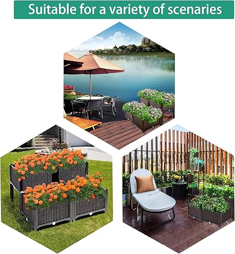 Miniatura 6 de netuera Caja de cultivo de plantas, kit de cama de jardín elevado para cultivo de flores, verduras, color marrón, juego de 4 piezas