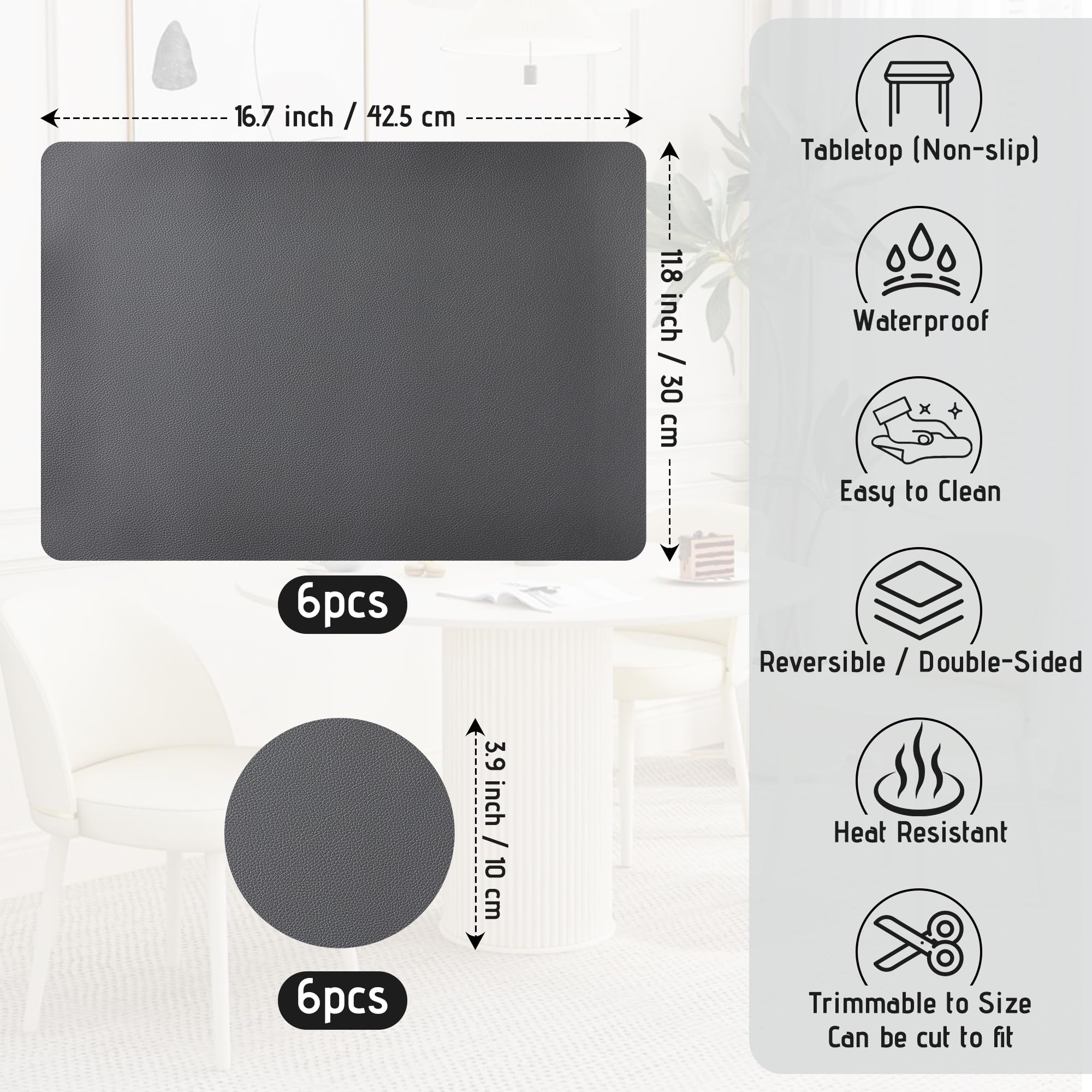 KUOGAS Set di 6 Tovagliette Americane Lavabili Rettangolari Antiscivolo - Tovagliette Personalizzate Doppia Faccia con Sottobicchieri in Pelle Impermeabili per Cucina, Sala da Pranzo, Ufficio