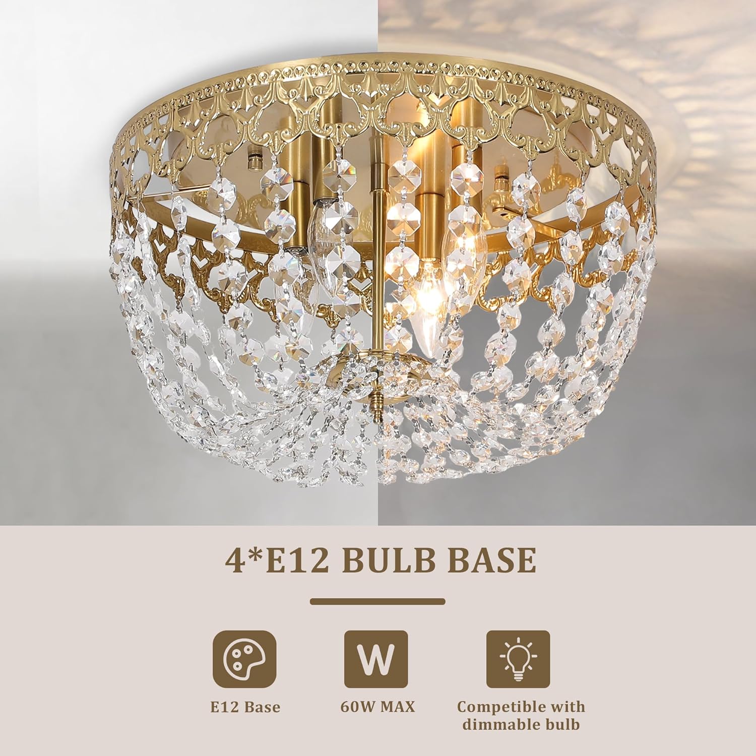 Maxax 15" Crystal Brass Ceiling Light Fixture, 4-Lights Vintage Gold Chandelier, Antique French Empire Lixture Fixture, E12 Bulbs