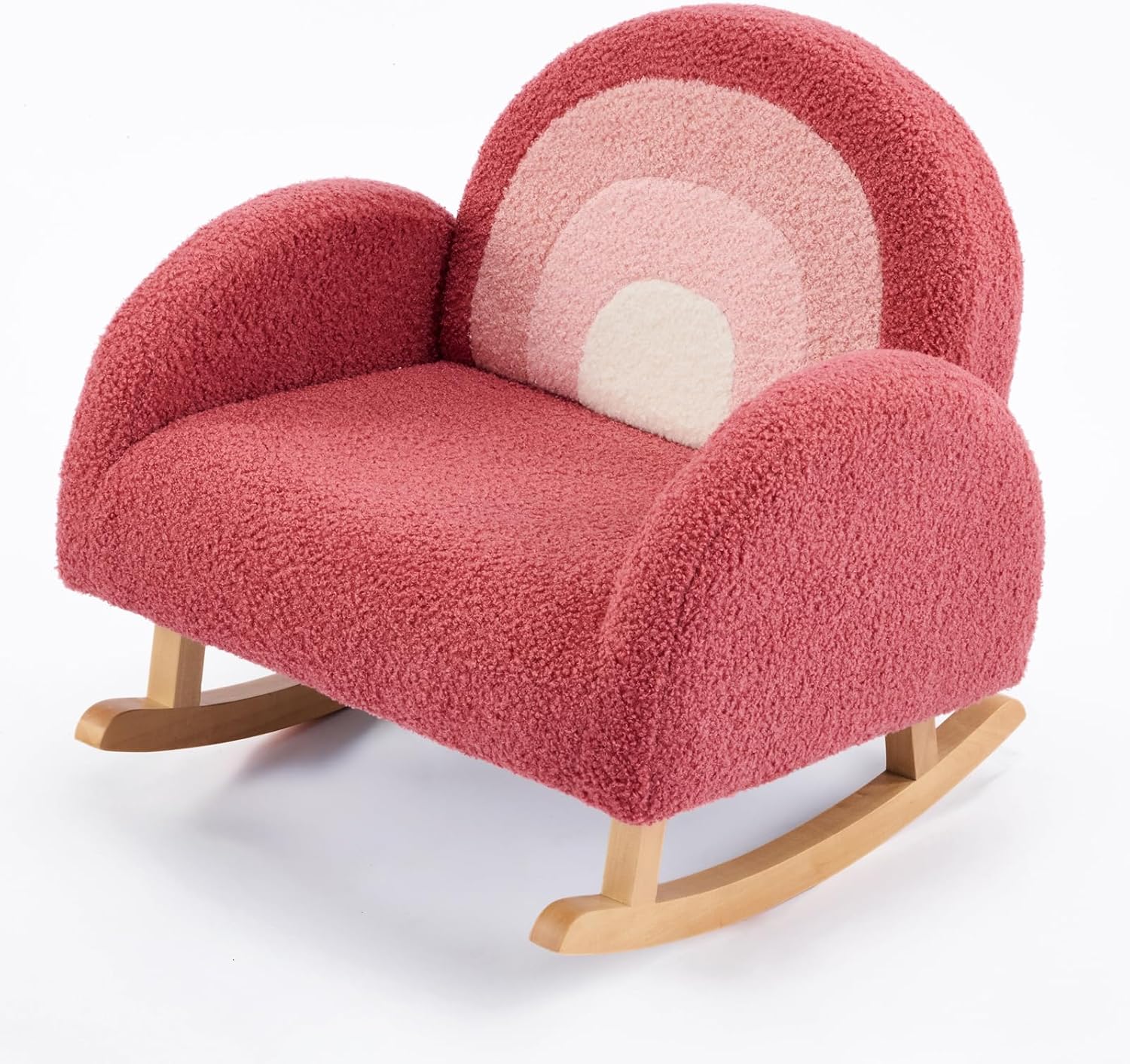 JOYMOR Kids Sofa, Toddler Teddy Fleece Soft Rocking Chair, Rainbow Gradient Toddler Couch with Solid Wood Legs & Anti-Tip Design for Nursery & Playroom, Red