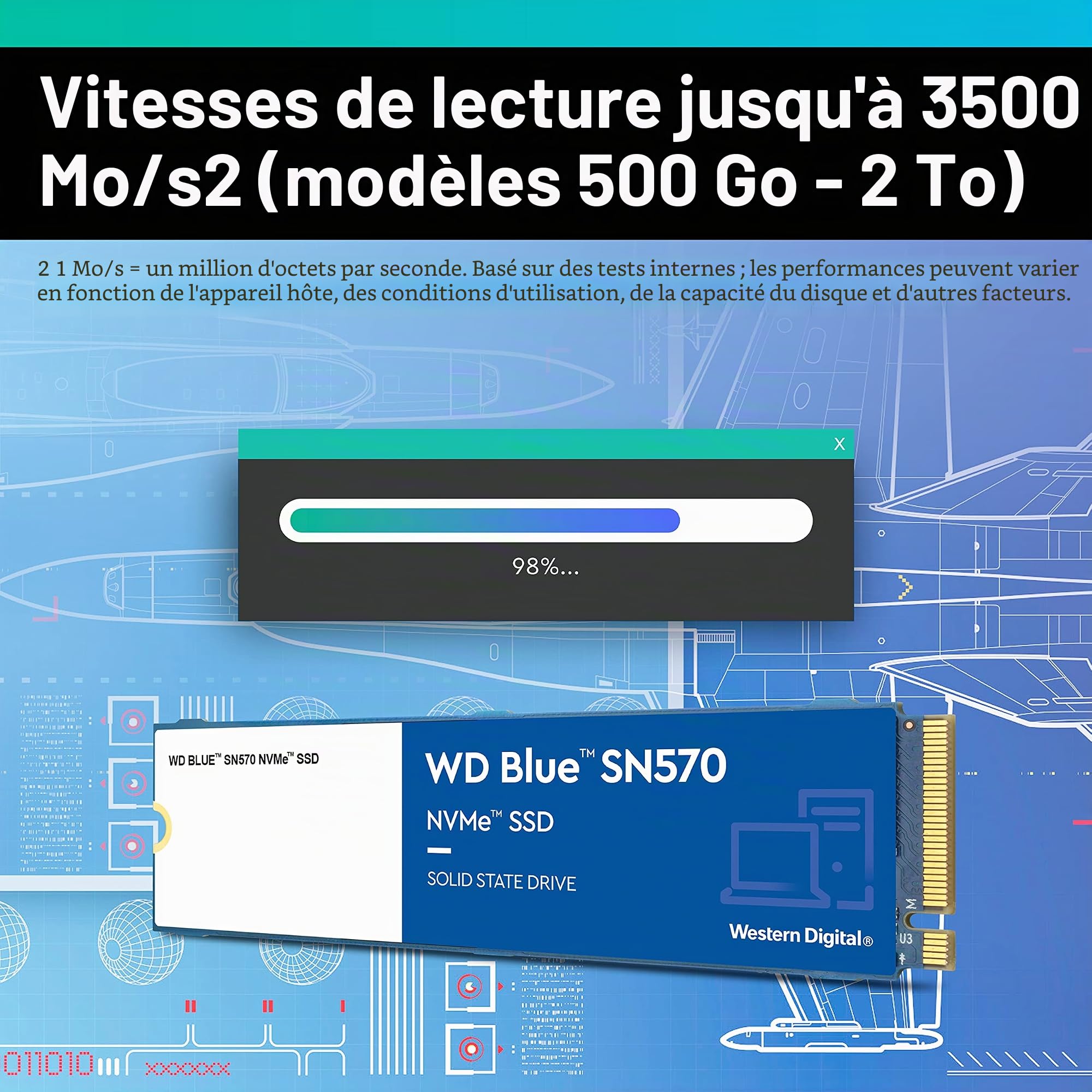 WD Blue SN570 2 To High-Performance M.2 PCIe NVMe SSD, avec vitesse de lecture jusqu'à 3500 Mo/s