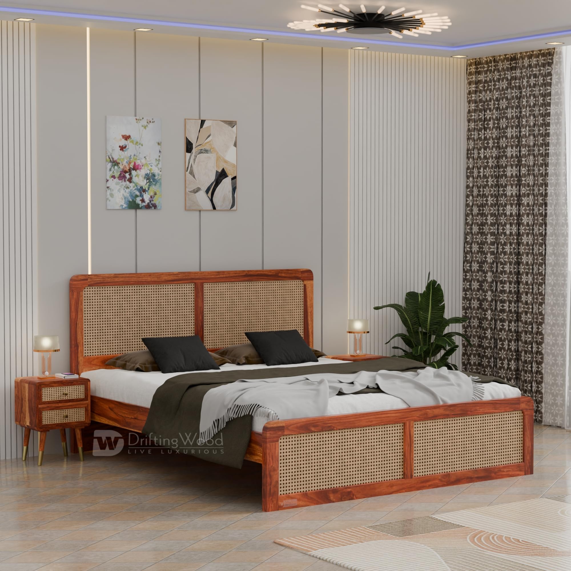 DRIFTINGWOOD Amber Solid Sheesham Wood King Size Bed Without Storage | Rattan Cane Headboard & Footboard | Curved Edges | Honey Finish (Self Assembly Required)-image-21