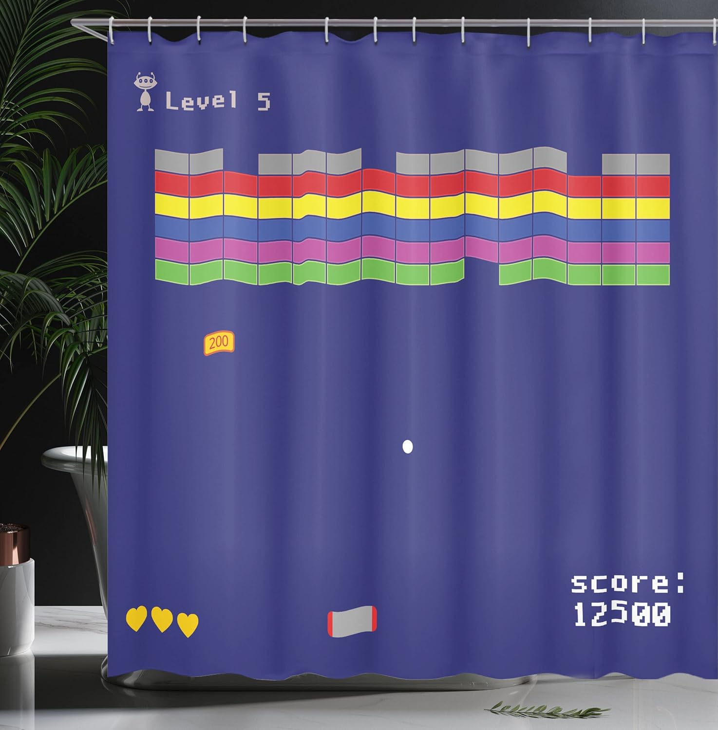Ambesonne Vintage Shower Curtain, Playful Arcade Design with Colorful Square Shapes Super Mario Funny Modern Graphic, Cloth Fabric Bathroom Decor Set with Hooks, 69" W x 75" L, Indigo