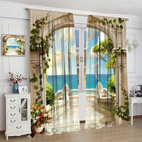 Miniatura 4 de Cortinas de ventana de playa tropical de verano, cielo azul, mar, arco clásico, floral, vides, terraza, gaviotas, dormitorio, estudio, habitación de