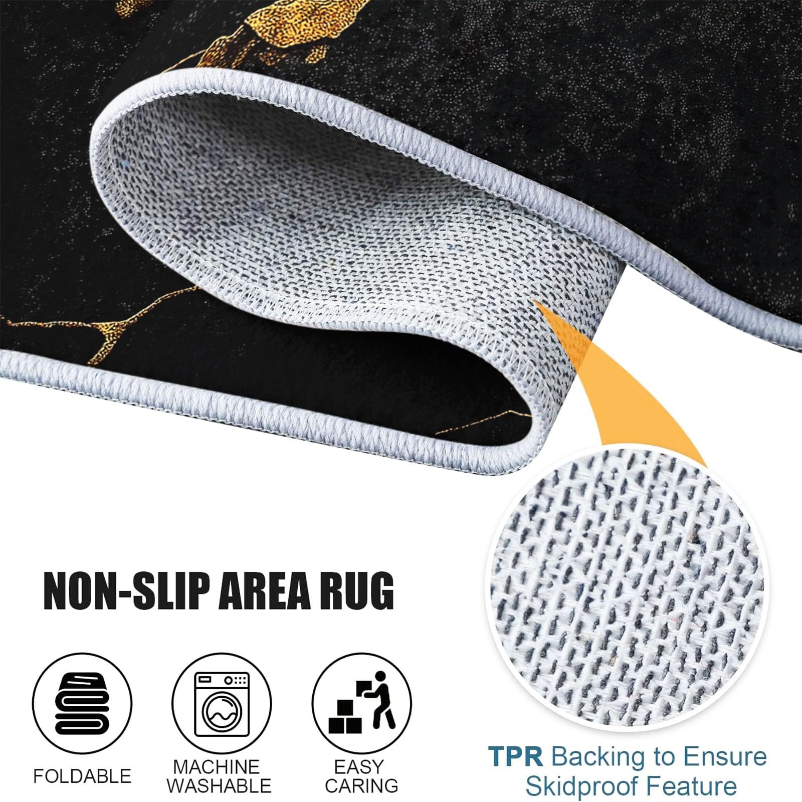 Générique Tapis Intérieur Texture Marbre Noir Or 160x230cm Tapis Lavable Doux et Antidérapant, Moquette Poil Ras imprimé 3D pour Salon Chambre l'entrée Décoration