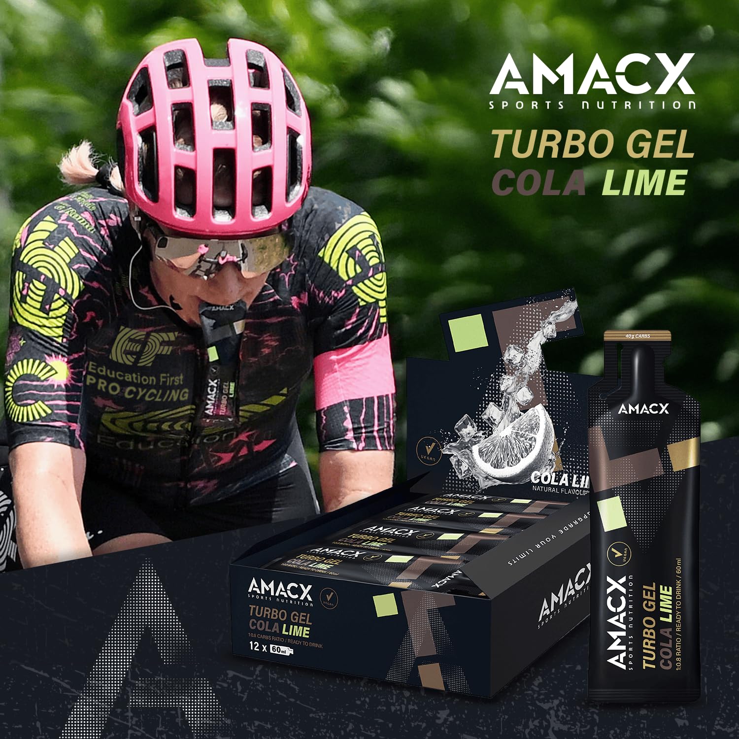 AMACX Turbo Energy Gel für Ausdauersportler, 12 x 60ml, 200mg Natrium, 40g Carbs, schnell absorbierbares Sport Gel, Elektrolyte Energiegel mit Kohlenhydratverhältnis 1:0.8 – Cola Limette