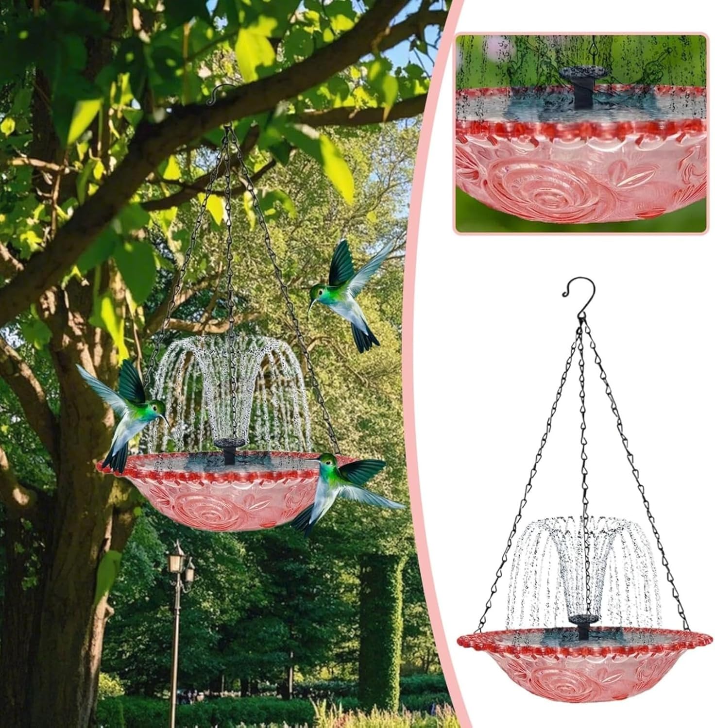 Solar Cascade Hanging Bird Bath Fountain, Colorful Glass Bowl with Water Pump, Outdoor Yard Decor for Hummingbirds, Wild Backyard Patio Oasis (Purple)