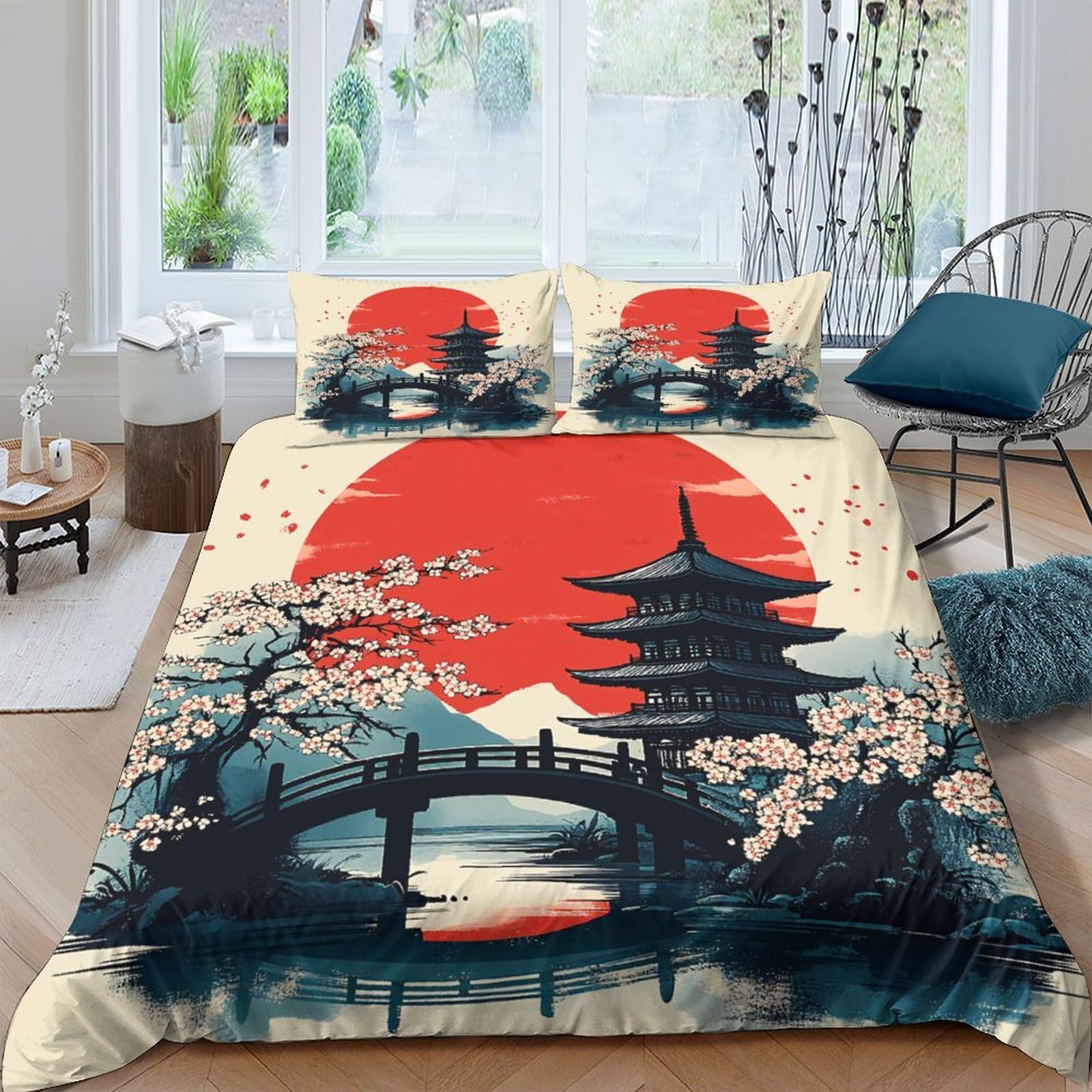 Ctjqhvkz Style-3 3D Printed Japanese Pagoda Fitted Sheet Microfiber Red Sun Sakura Bridge Bed Cover For Bedroom Guest Room Easy Care Single（135X200cm）