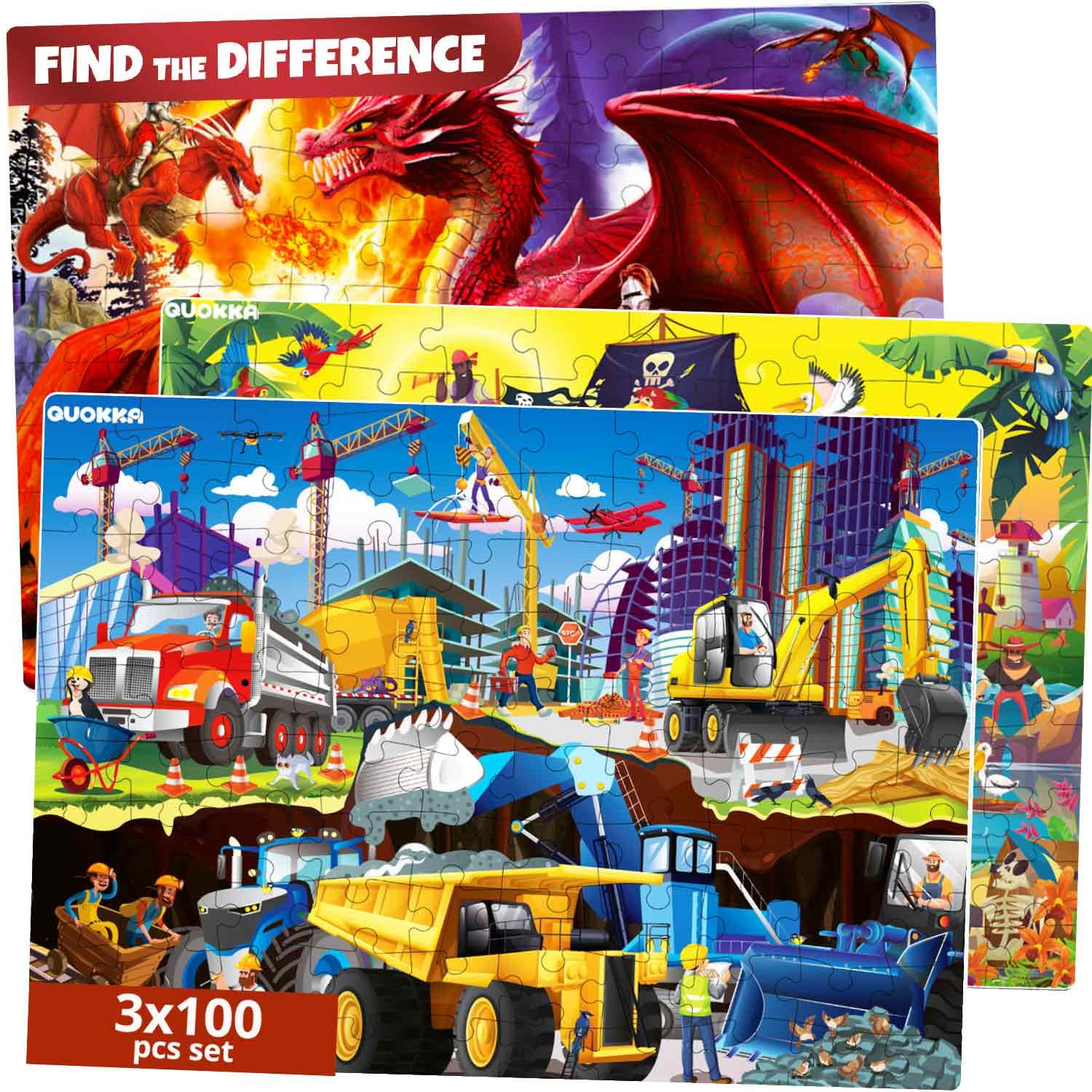 QUOKKA 100 Piece Puzzles for Kids Ages 4-6 – 3 Floor Puzzles for Toddlers 3-5 – Toy for Learning Pirates & Constructions & Animals for 6-8 yo – Jigsaw