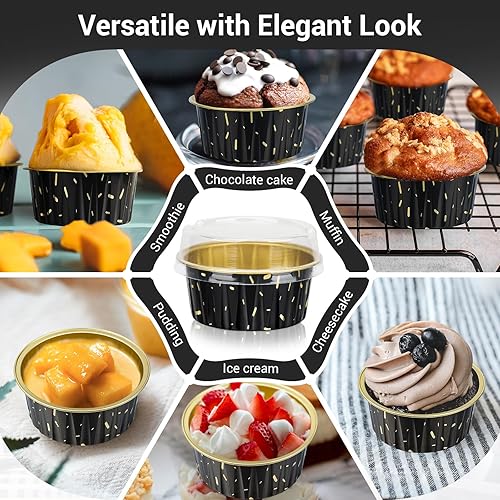 Miniatura 7 de EUSOAR Moldes de aluminio con tapas, color negro, 60 paquetes de tazas desechables para hornear de 5 onzas, contenedor de cupcakes, bandeja de