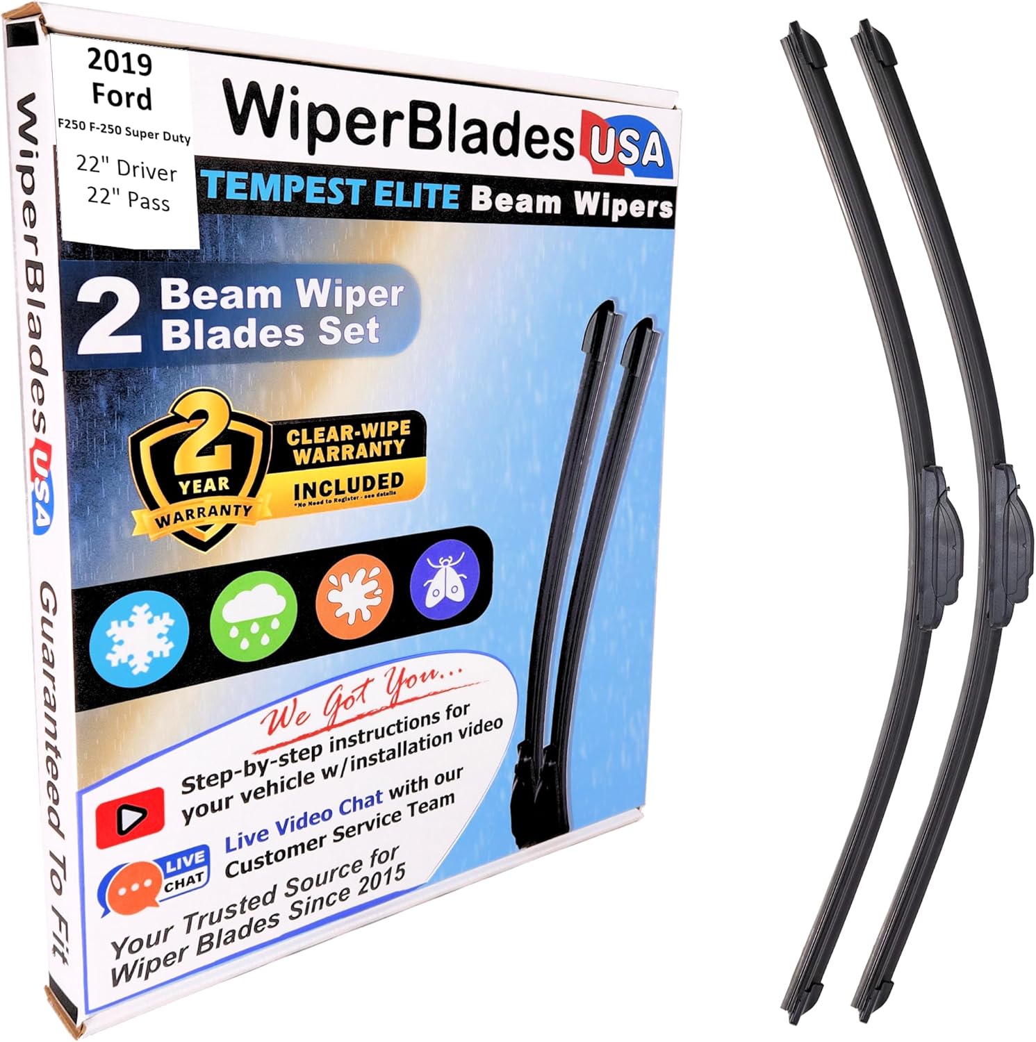Beam Wiper Blades Set w/2yr Warranty compatible with Ford F250 F-250 Super Duty 2019 (Set of 2) Tempest Elite Wipers