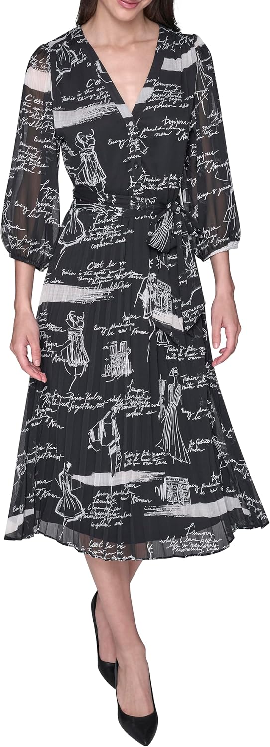 Karl Lagerfeld Women's Printed Crinkle Chiffon Tie Waist A-line Maxi Dress
