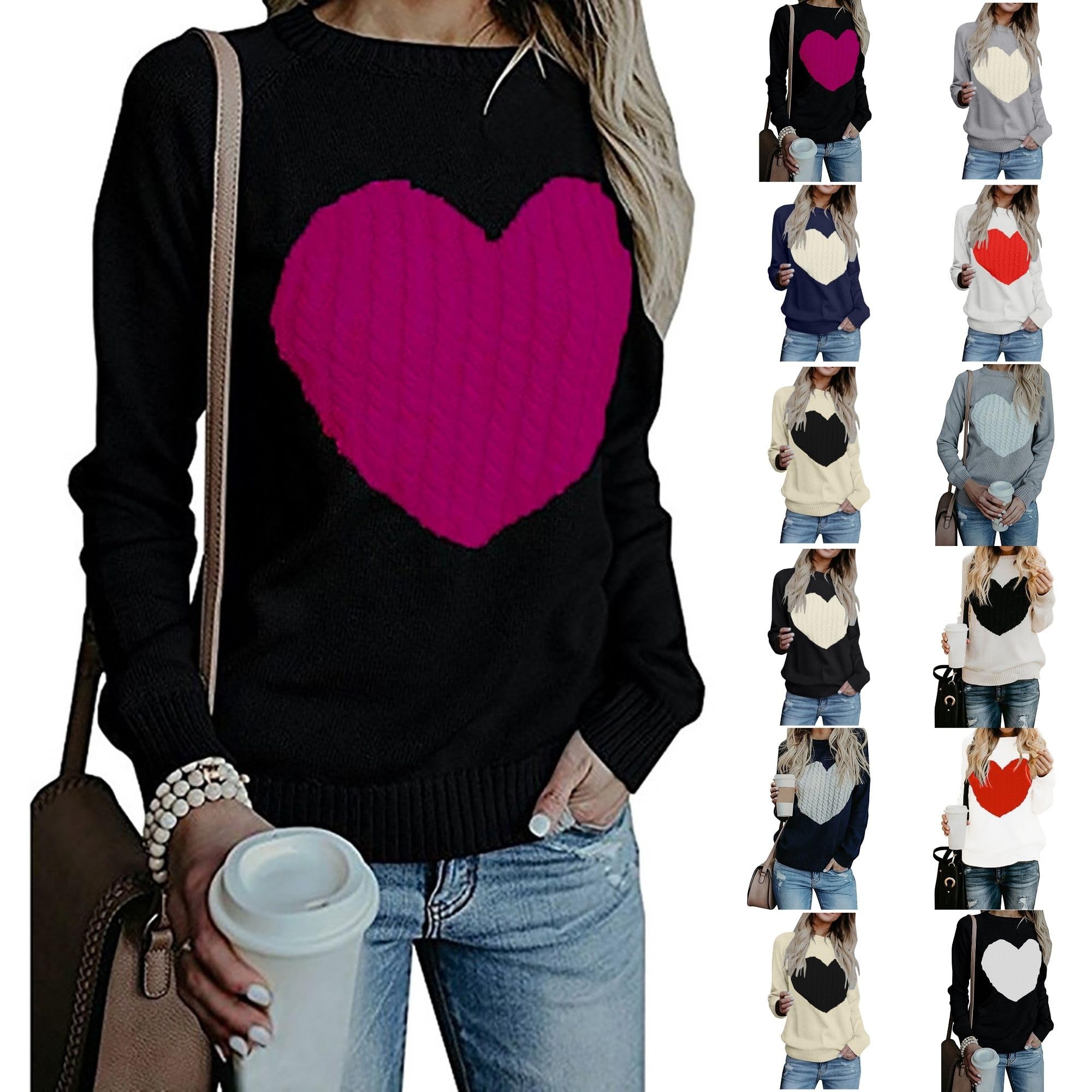 Heart Sweater for Women Valentines Long Sleeve Crew Neck Casual Cute Pullover Sweatshirt Fall Winter Ribbed Knit Tops