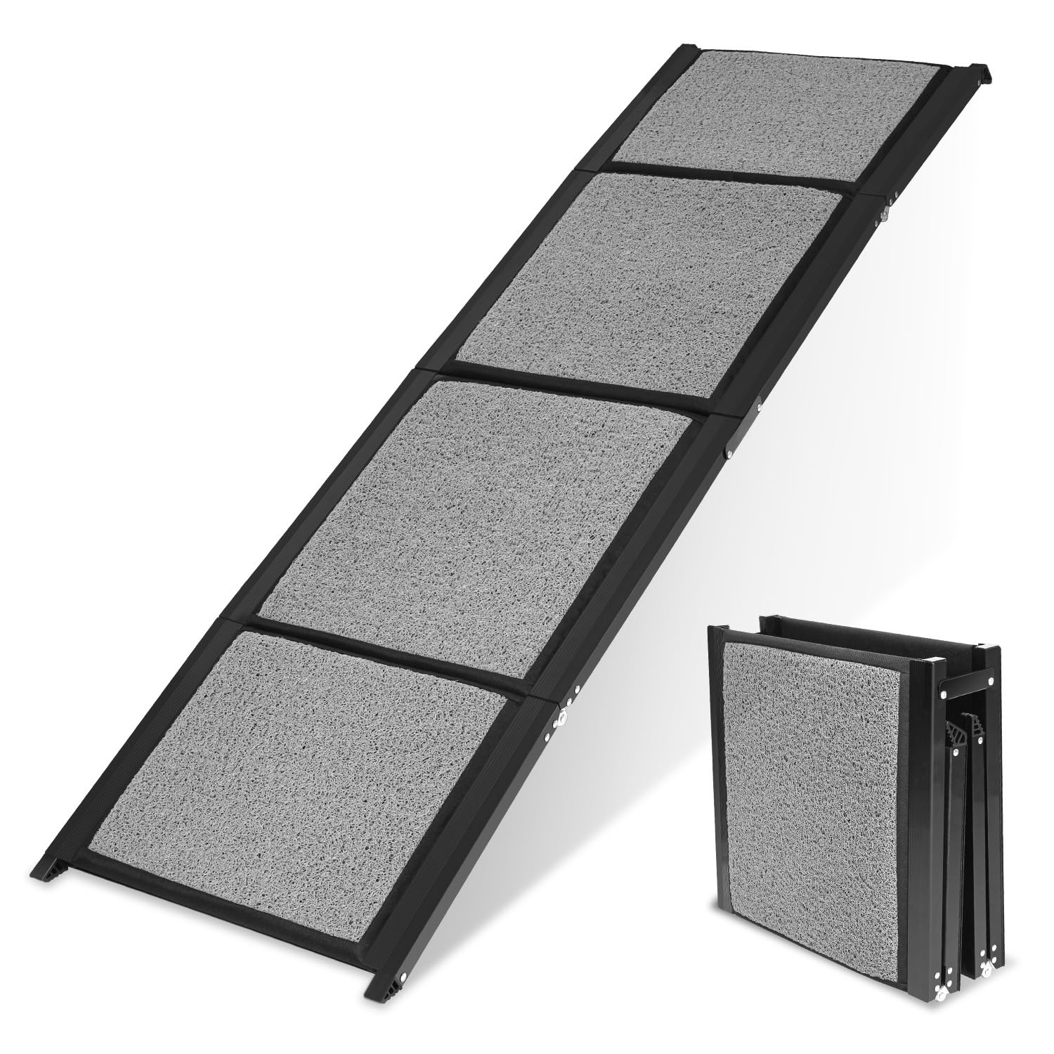Hunderampe Auto Klappbar 170x44cm, Faltbare & rutschfeste Hundetreppe Auto & SUV bis 80kg, Aluminium Rampe mit Schlingen-Teppich Oberfläche, Leicht & Stabil, Hund Rampe Grau