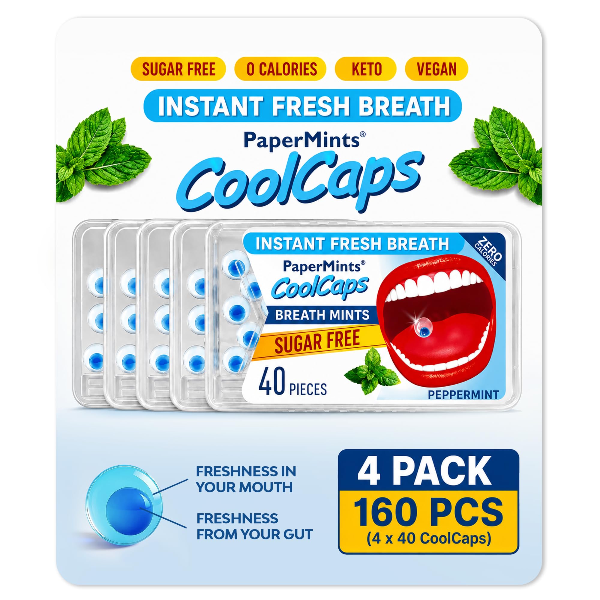 Papermints CoolCaps - Caja de mentas frescas instantáneas para el aliento, paquete de 40 x 4, ambientador y tratamiento para el mal aliento para adultos, tratamiento de halitosis, limpia y refresca tu