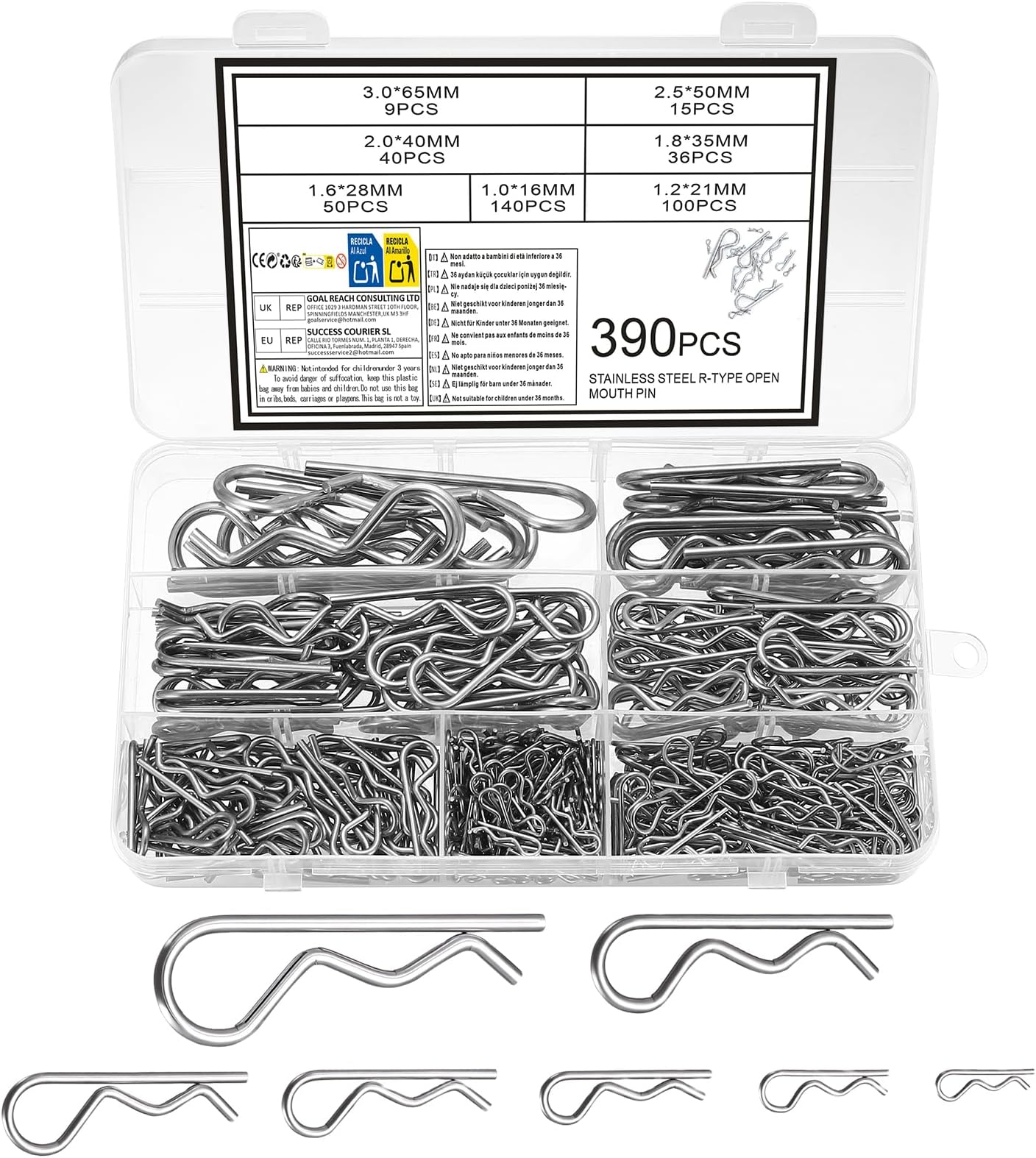 390 Pcs Split Pins Assorted, Split Cotter Pins Assorted, R Clips Assortment Kit, Stainless Steel R Shaped Spring Cotter Clip Pin Fasteners for Hitch Pin Trucks Tractors Lawn Mowers Cars Campers