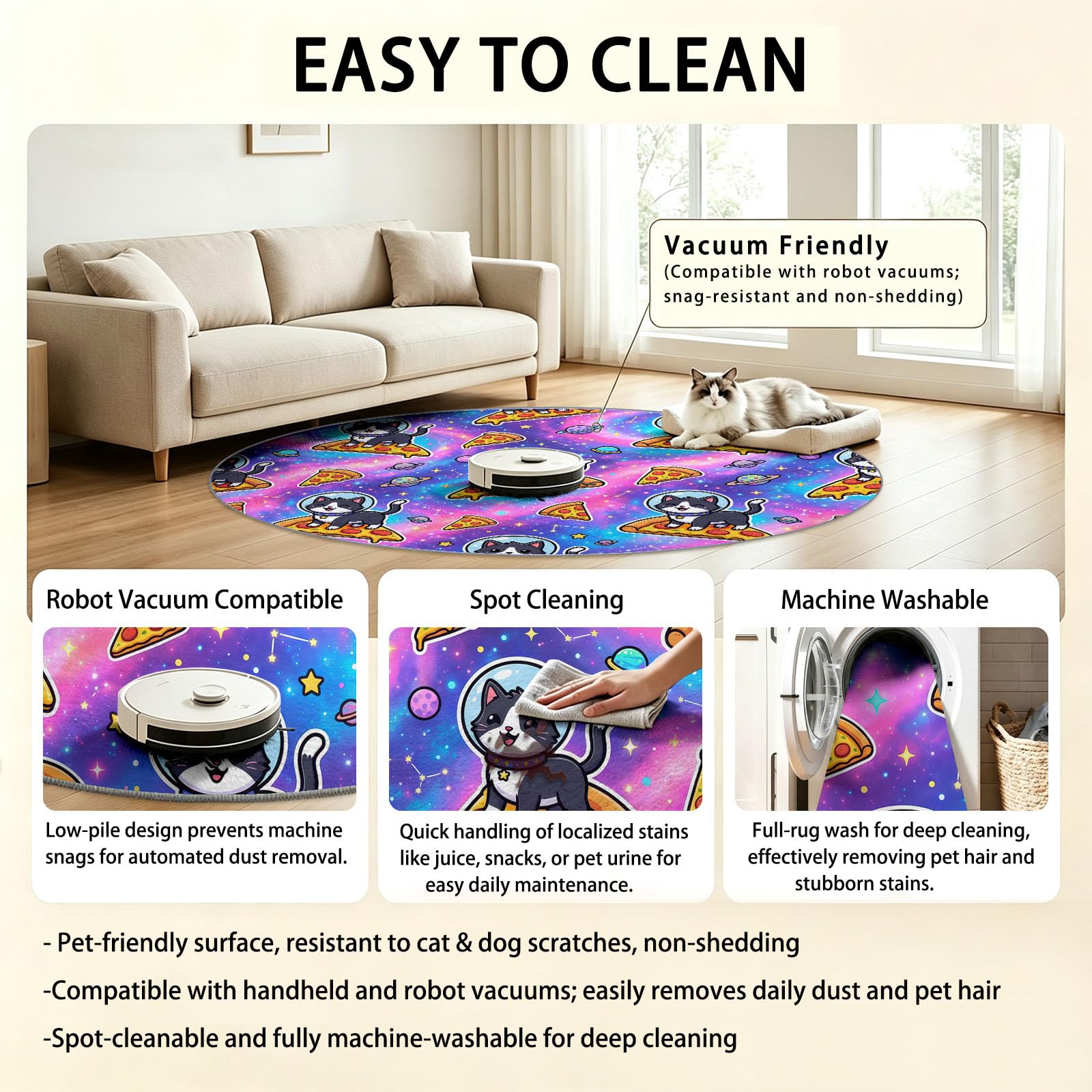 Générique Tapis Rond Multicolore 120 cm, Tapis à Poils Courts Lavable, Rond, Antidérapant et Doux, Design Animal Nourriture Chaton Ludique en Dessin Animé & Galaxie pour Amoureux des Animaux