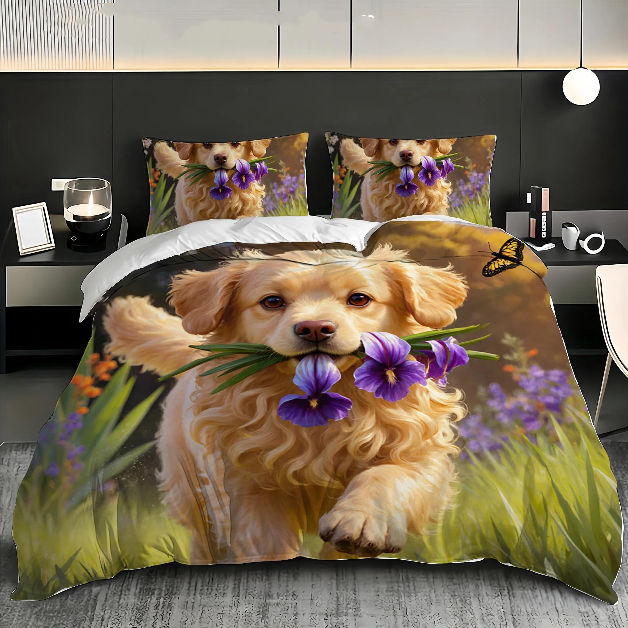 NDXRWDZR Single Bedding Set Golden Retriever Duvet Cover for Kids Soft Hypoallergenic Microfiber Duvet Cover with Zipper Closure, 1 Duvet Cover 135x200 cm + 2 Pillowcases 50x75 cm