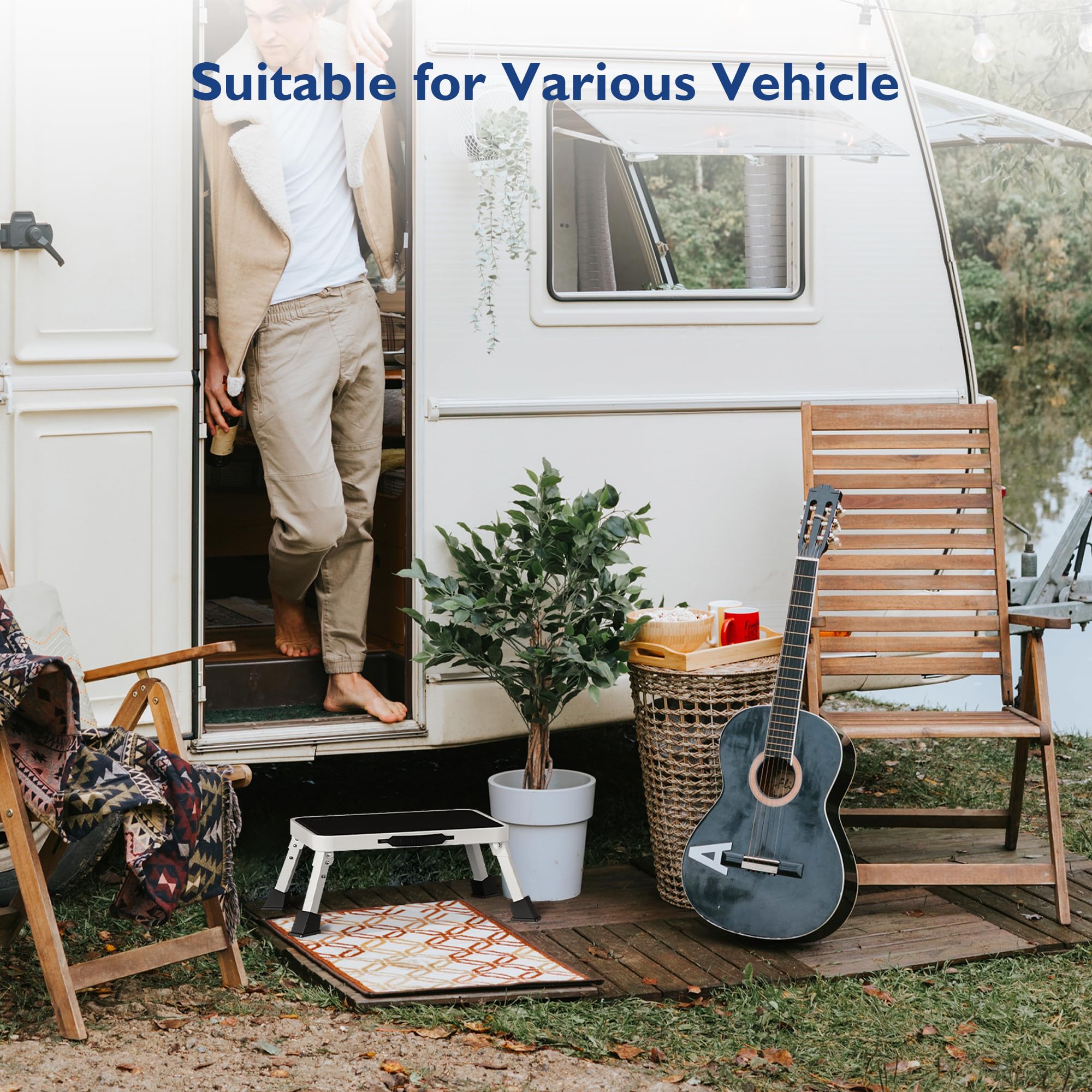 BONTEC Sgabello pieghevole, capacità di carico 150 kg, pedale largo antiscivolo, scala in metallo, maniglia portatile, piedini in gomma, design pieghevole, per camper, cucina, bagno, bianco