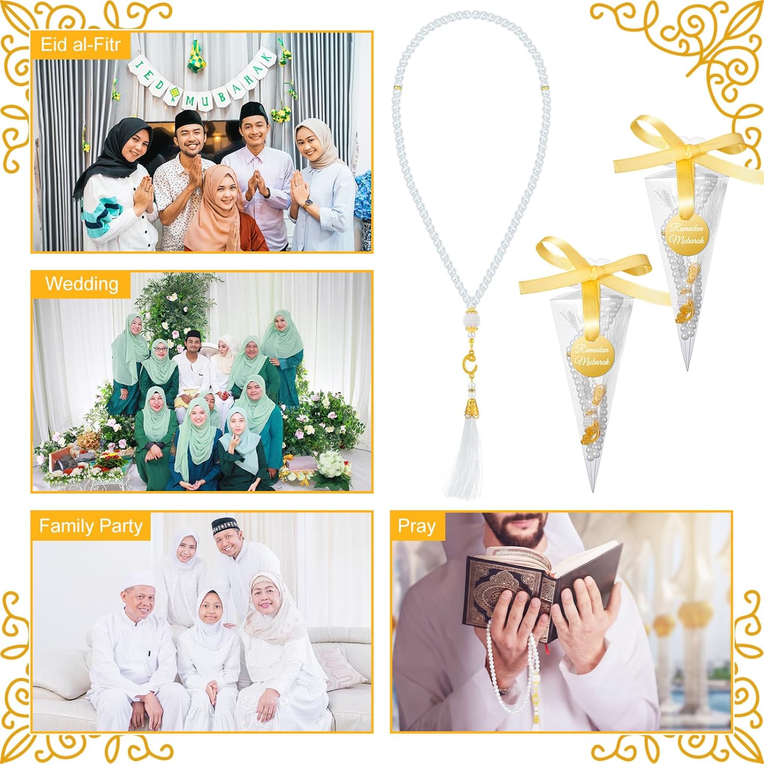 Ferreve 24 Sets Islamic Prayer Beads Bulk Ramadan Eid Gifts Muslim Party Favors Eid Mubarak Pearl Prayer Beads for Ramadan Islamic Festival Party Favor Wedding Bridal Shower Gifts(White) - Image 5