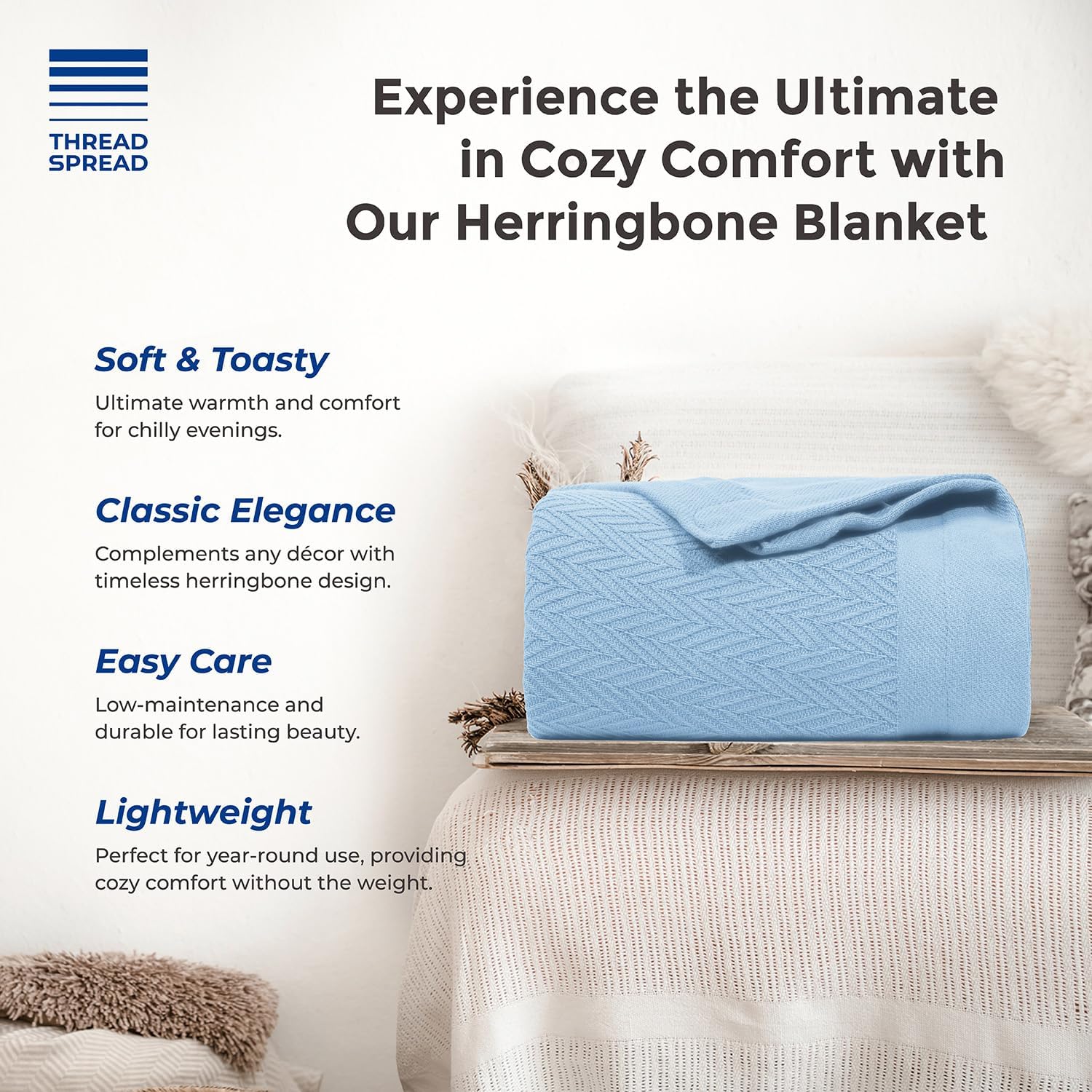 THREAD SPREAD Organic GOTS Cotton Blanket, King/Cal King - 350GSM, Oversized Antistatic, Couch, Bed, Camping & Travel, Luxurious Herringbone All-Season Throw, Light Blue + Stylish Bonus Tote Bag - Image 4