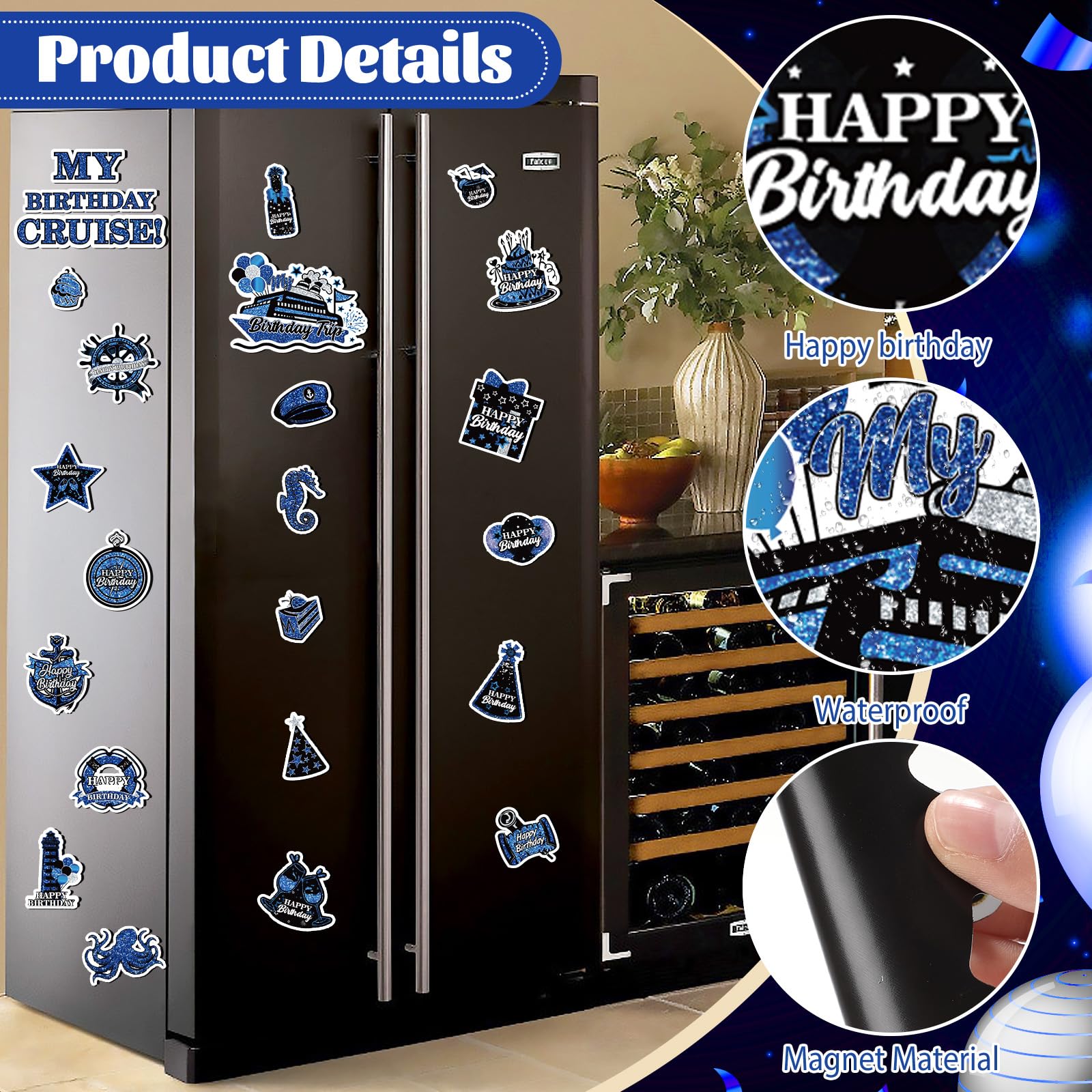 My Birthday Cruise Door Magnets Decorations, Blue Black Silver Happy Birthday Cruise Ship Door Decor Magnetic for Women Men Girls Boys Anniversary Party Supplies Door Refrigerator Fridge Car Kitchen
