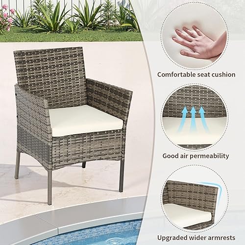 Miniatura 83 de FDW Juego de 3 sillas de mimbre marrón para patio, muebles de exterior, 2 sillas de ratán con cojines rojos y mesa de centro de cristal para porche