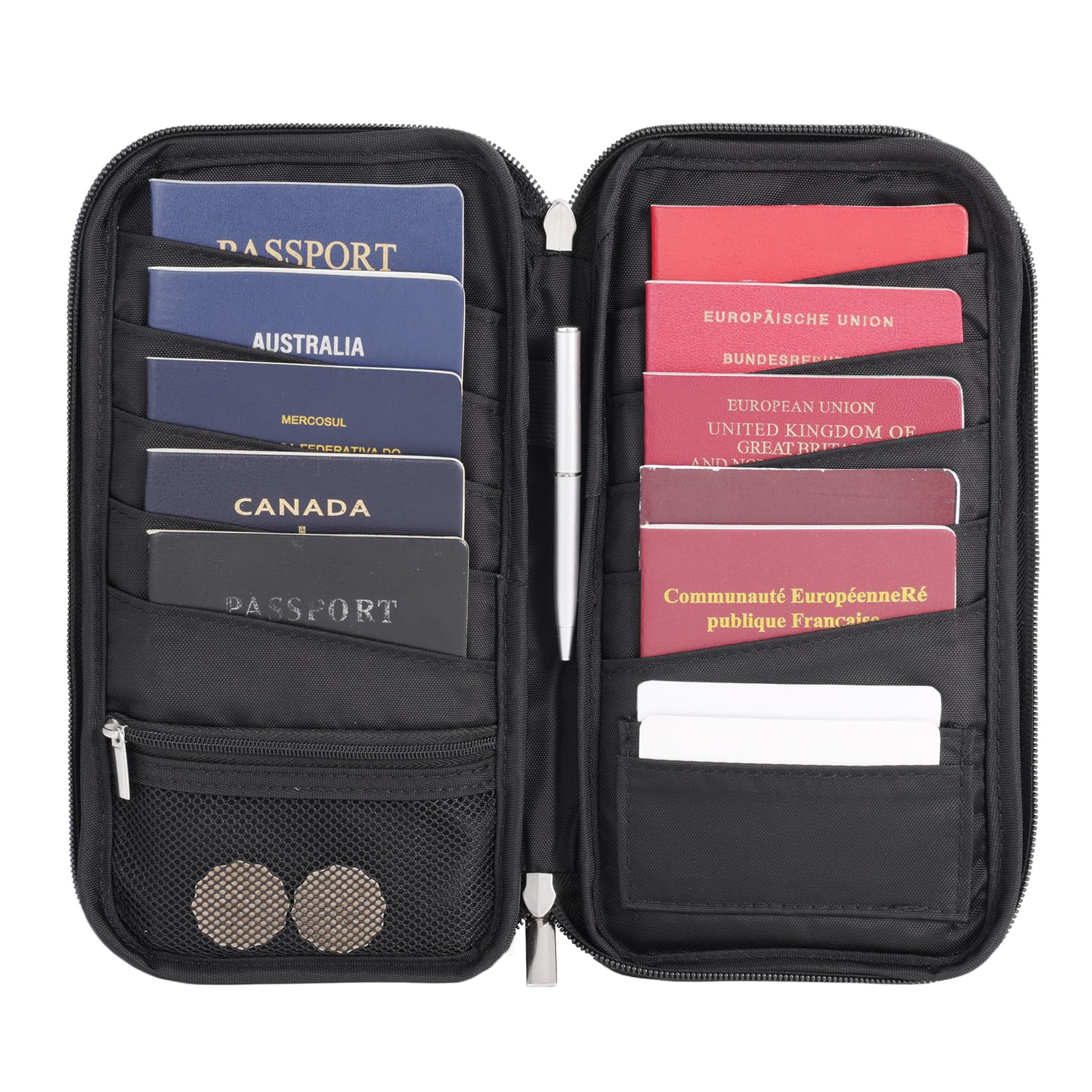 Soporte para pasaporte familiar de viaje para 10, cartera con bloqueo RFID y organizador de documentos con cremallera, para tarjetas, tarjetas de embarque, dinero, boletos, artículos esenciales