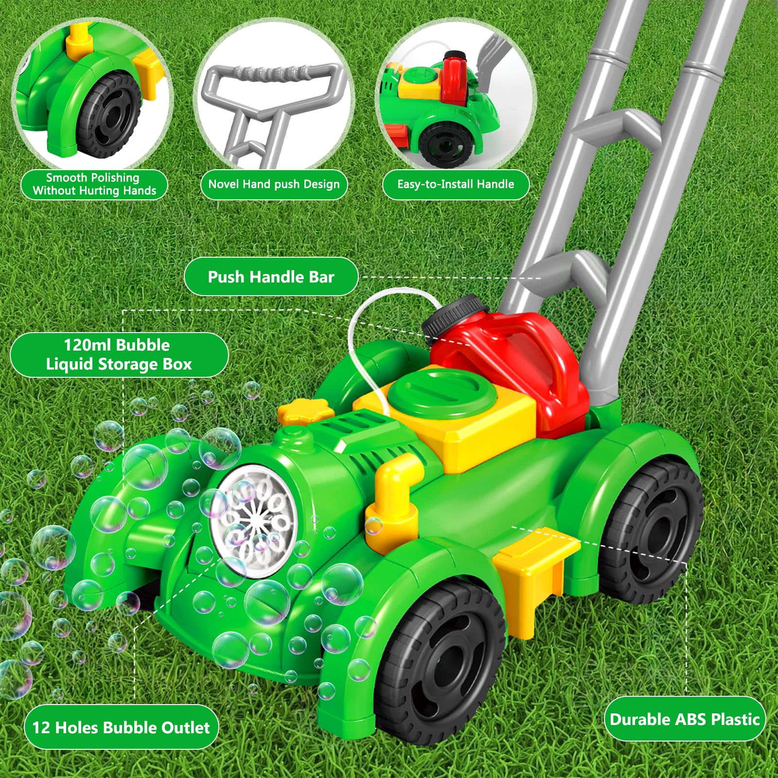 Maquina Pompas Jabon, Cortacesped Juguete Burbujas Jardin, Maquina Burbujas Automatico, Juguetes Exterior para Niños Verano Fiesta, Regalos para Nayores de 3 4 5 Años (Verde)