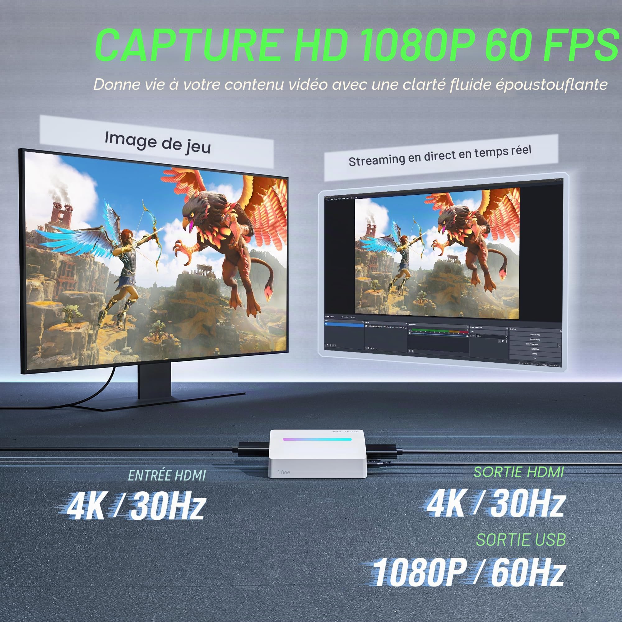 Fifine AmpliGame Carte de capture de jeu USB 4K HDMI, 1080p Audio Vidéo Carte de capture pour OBS Streaming avec RVB, HDMI, compatible avec Switch/XBOX/PS5/Computer-V3 Blanc