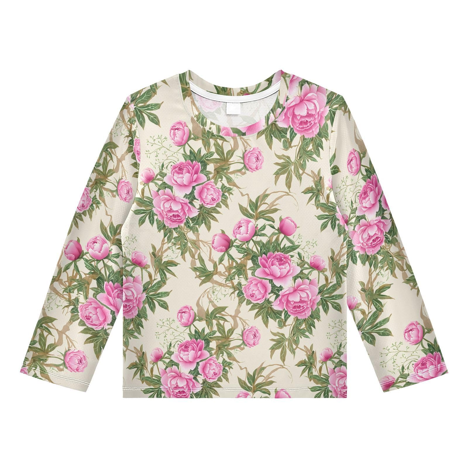 DOMIKING Peonies Foliage Branch Beige Boys Long Sleeve Rashguard Shirt Kids Quick Dry Swim Shirt for Kids Toddler 11-12T