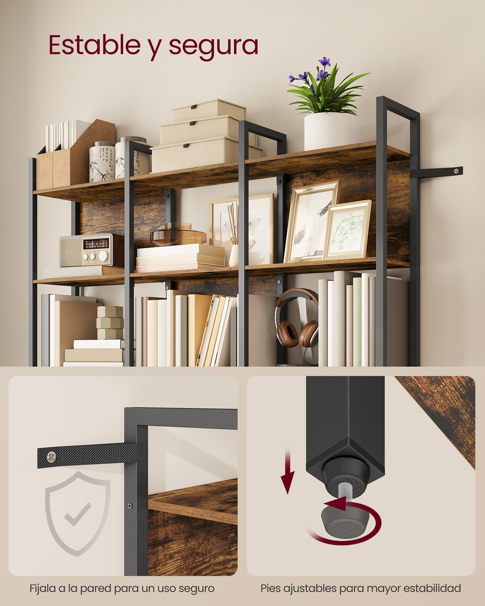 VASAGLE Librería, Estantería de 5 Niveles, Muble de Cocina, Organizador de Estilo Industrial, para Oficina, Salón, Dormitorio, 24 x 128 x 154,1 cm, Marrón Rústico y Negro Tinta LLS150K01