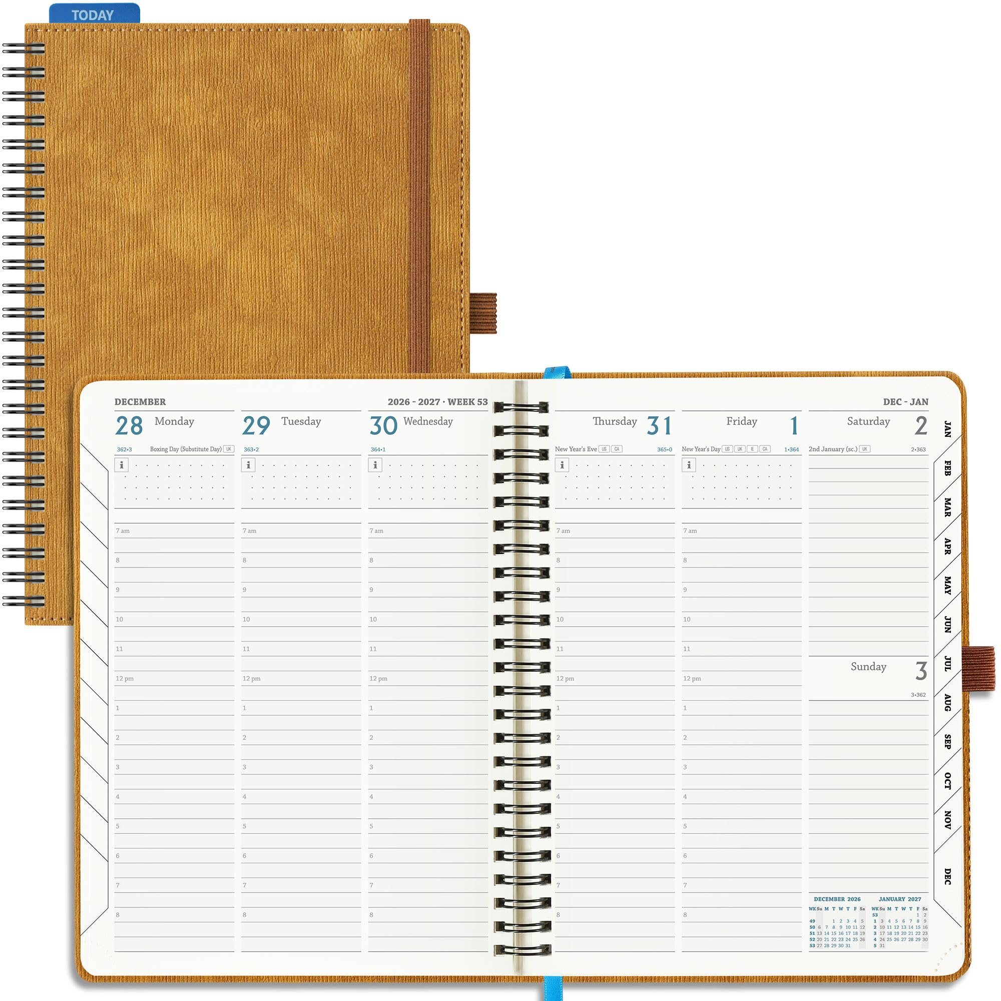 IN-LUXPRO Academic Diary 2026-2027 Week to View A5 Medium (21.9x16.2 cm) Spiral 18 Months (Jul'26 - Dec'27) Mid Year Diary 26/27 Vertical Weekly Planner with Timeslots& Month Tabs, PU Leather Caramel