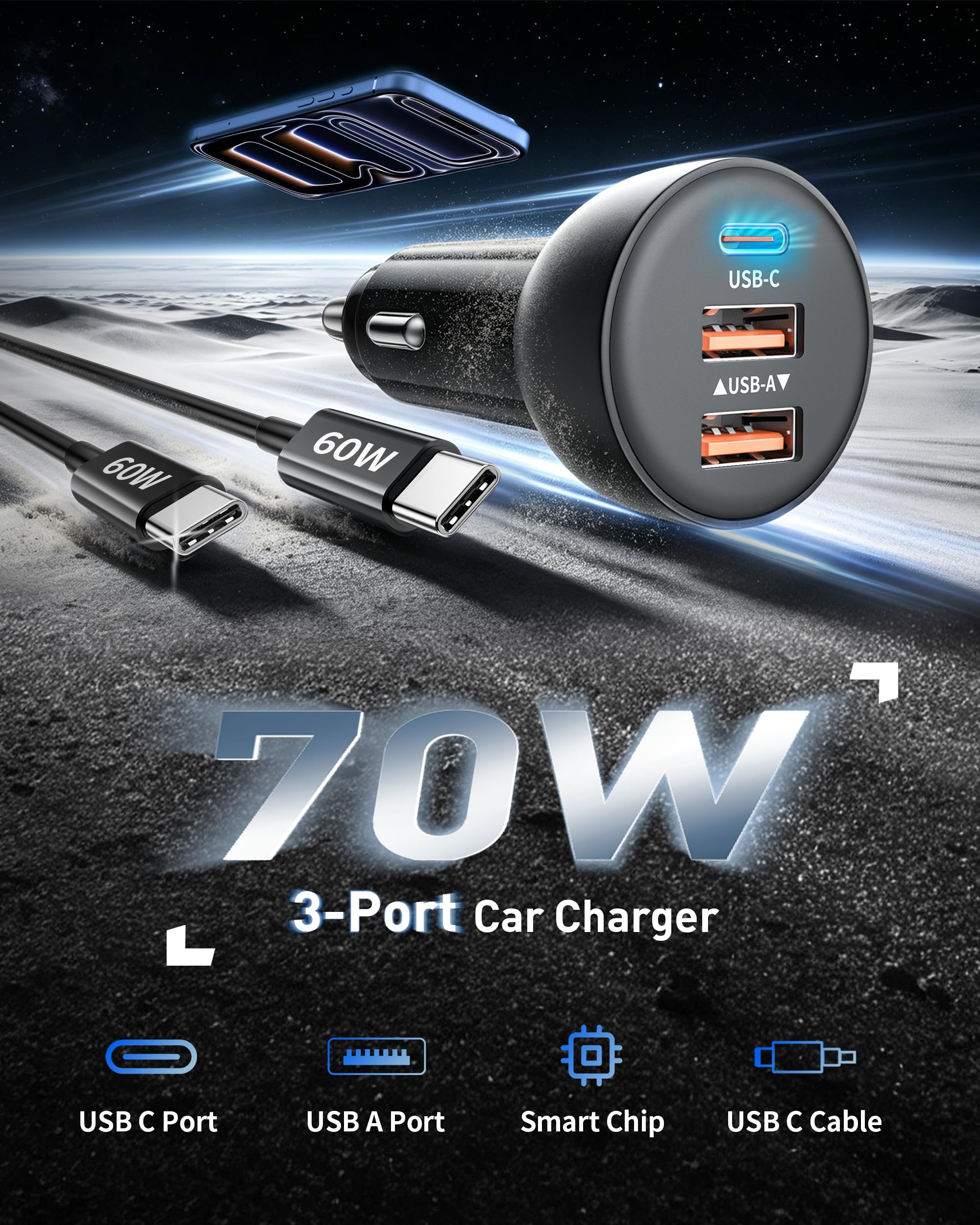 Cargador de coche de 3 puertos para iPhone 16/16e/15 Pro Max Plus, cargador de coche USB-C USB-A de carga rápida de 53 W y cable USB C a C para iPhone 15/16e/16, iPad, Galaxy, accesorios Android