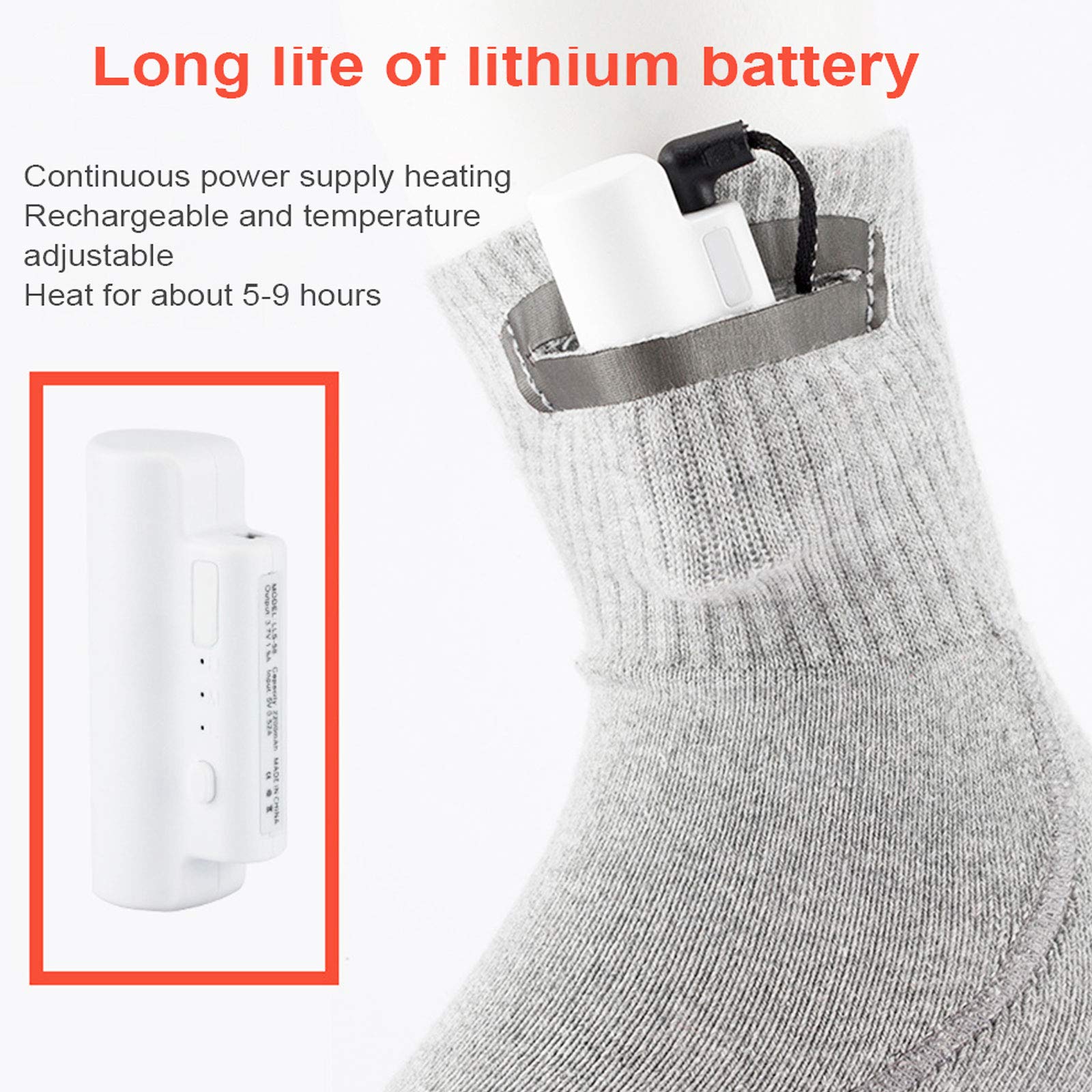 NANANA Calze Riscaldate Ricaricabili, Calze Riscaldate per Sci Invernali, Tre Livelli di Calore, 5v 2200mah Rechargeable Electric Heating Socks per Sci Moto Pesca Caccia Ciclismo(36-43 Iarde),Nero