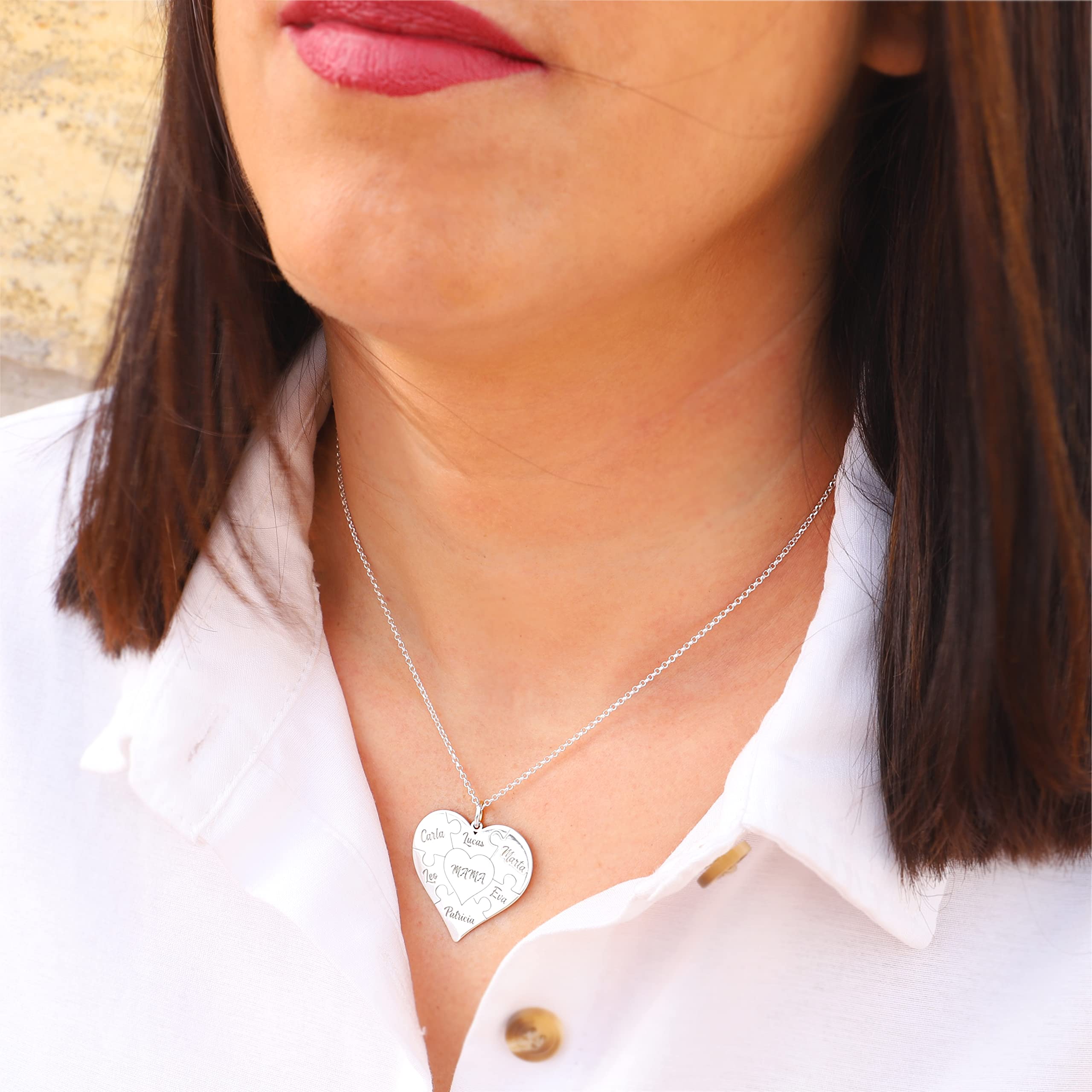 Colgante Corazón Puzzle Personalizado - Plata de Ley 925/1000 para Mujer o Niña con Cadena en 45cm + Alargador – Collar Corazón Puzzle, perfecto para cualquier ocasión
