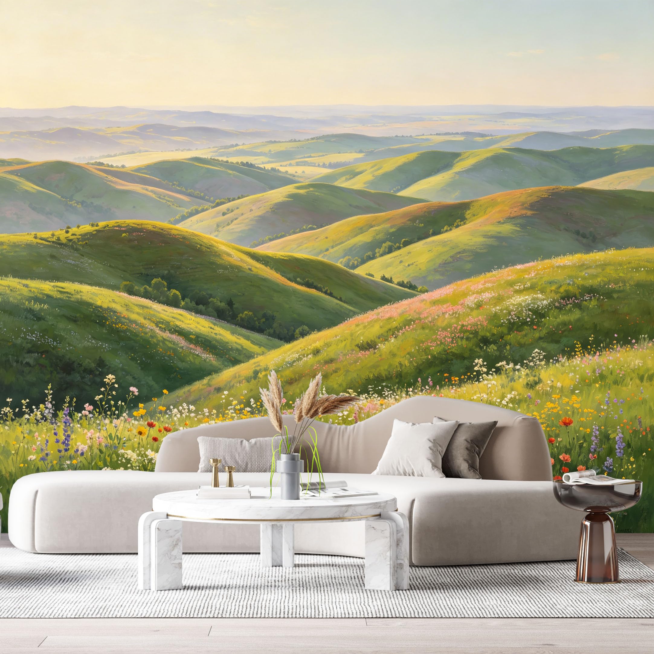 Custom Size Wall Murals Blooming Meadow Landscape Rolling Hills Wildflowers Sunshine Watercolor SelfAdhesive Wall Fabric Removable Large Wallpaper for Photo Living Room