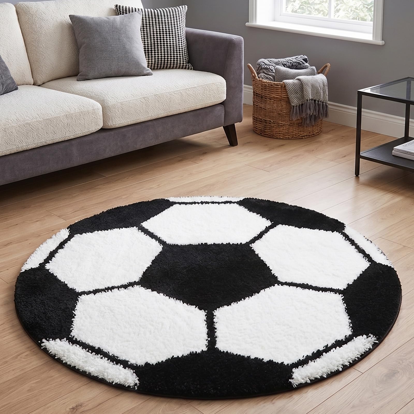 31.5 Inch Round Soccer Rug for Boys Room Decor Sports Carpet with Non-Slip TPR Backing Soft Washable Area Rug for Bedroom Living Room Playroom Man Cave Soccer Gifts for Sports Lovers Fans