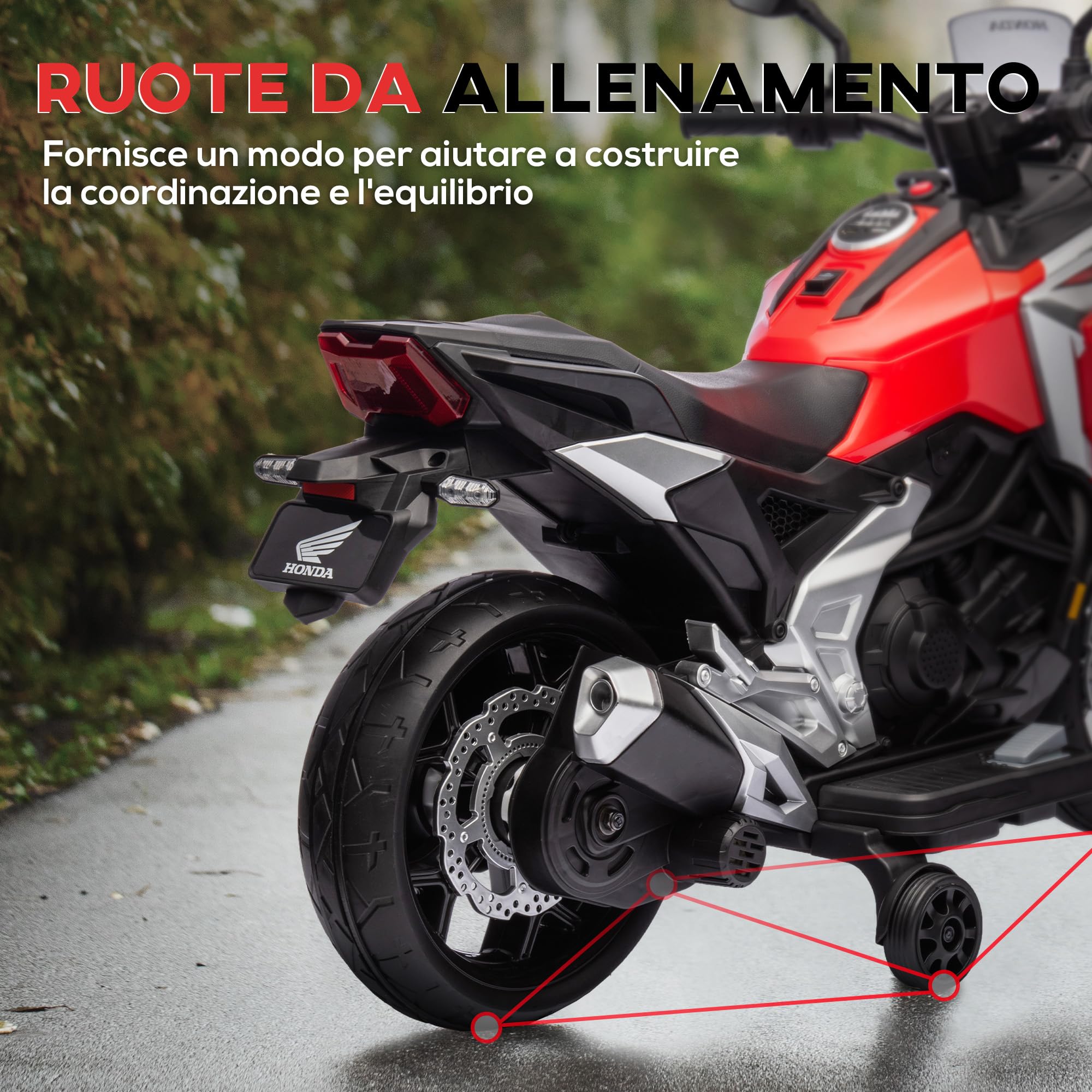 AIYAPLAY Moto Elettrica per Bambini 3-6 Anni Licenza Honda con Fari, Musica e Rotelle, 107x46x75 cm Rosso