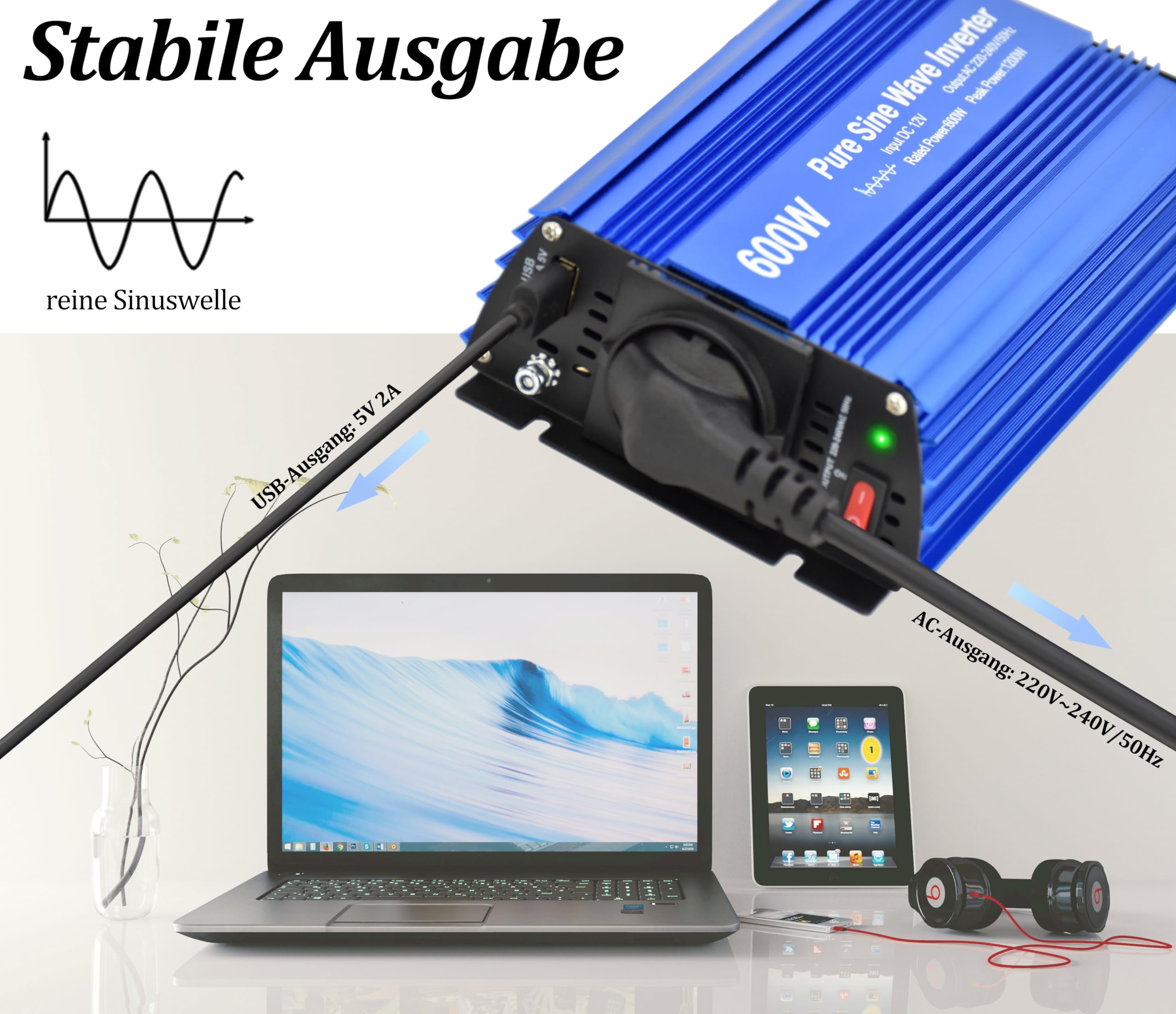 Inversor de onda sinusoidal pura de 600 vatios con enchufes alemanes, salida USB DC 5 V 2 A (600 W)