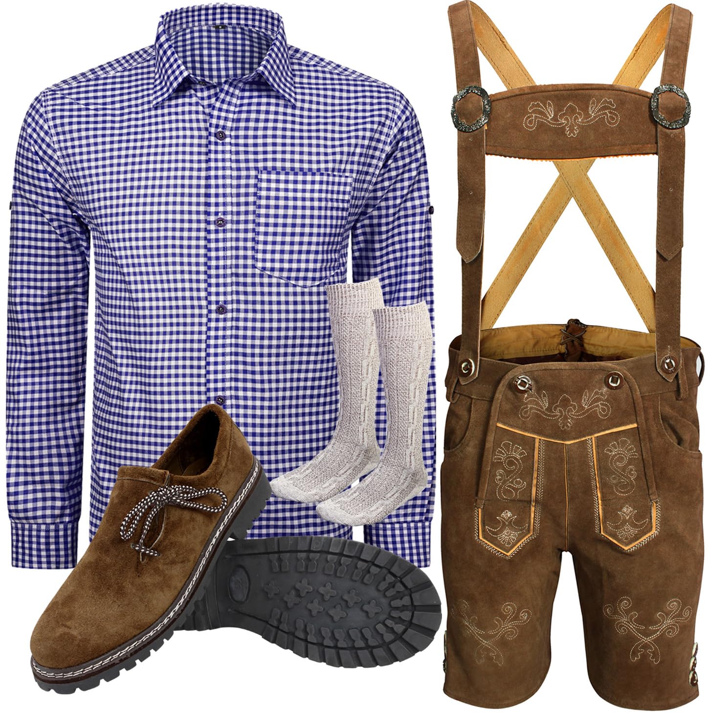 Traditionelles Trachten set Herren, 5-teilig – Komplettset mit kurzer Trachtenlederhose, Trachtenhemd, Hosenträgern, Trachtenschuhen und Trachtensocken – Bayerische Oktoberfest Tracht aus Echtleder B7