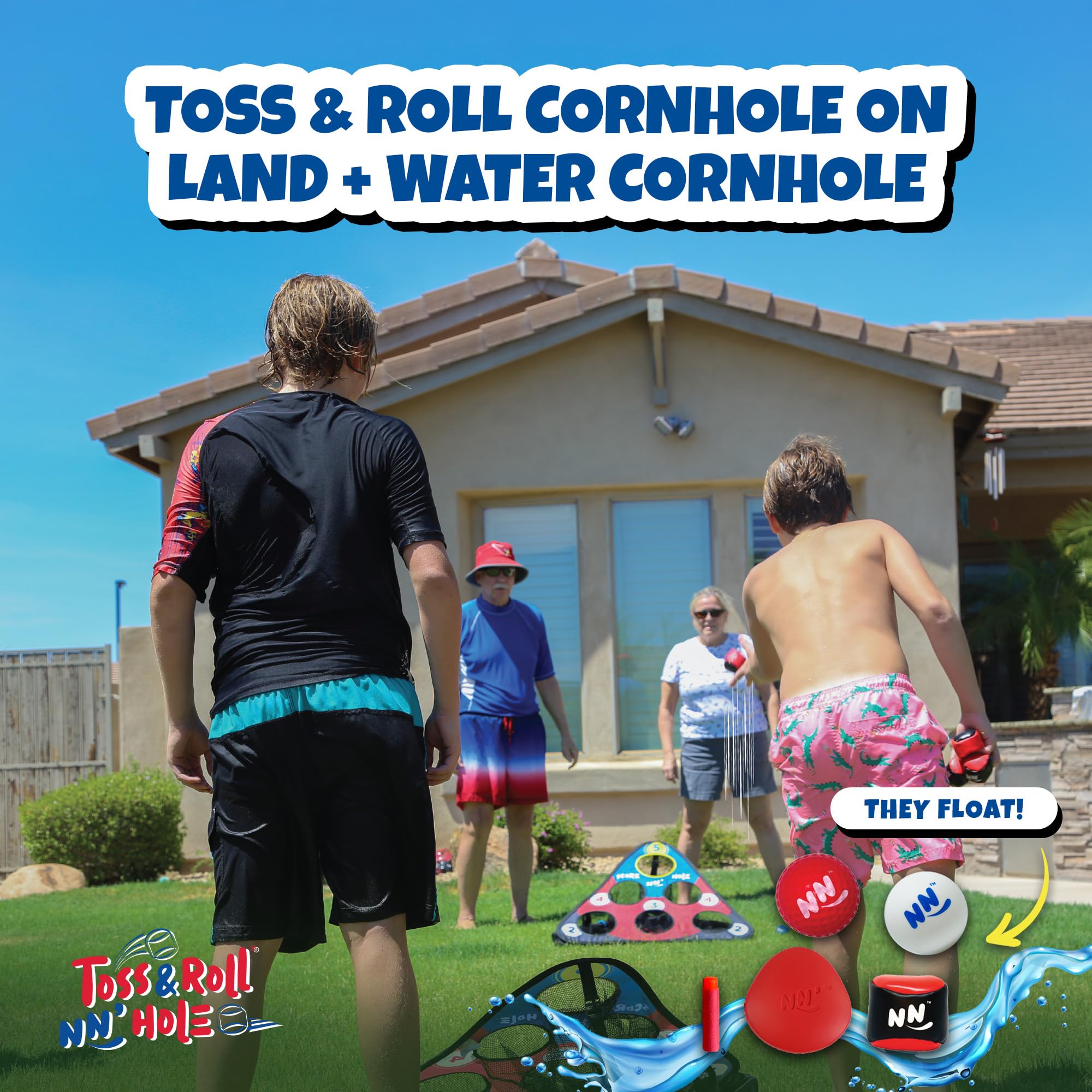 SCORE NN' Hole All-in-1 zestaw do gry w stylu Cornhole | skaczące kamienie basen Cornhole Game | Cornhole spotyka się z golfem | TOSS & ROLL Cornhole zestaw | pływający piwo pong i golf spotyka się z