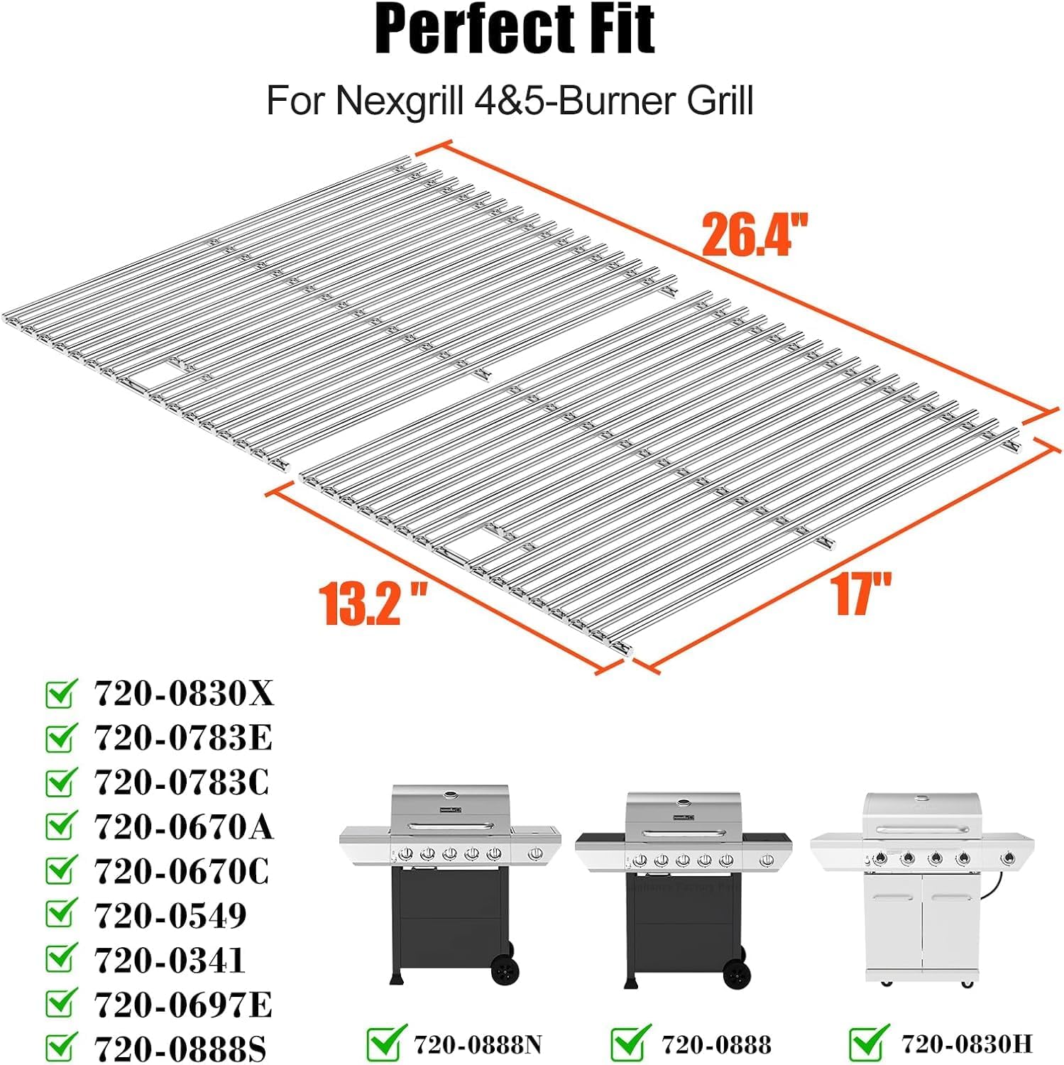Hisencn Replacement Parts for Nexgrill 720-0830H, 720-0888N, 720-0783E, 720-0888, 720-0783C, Stainless Steel Cooking Grid and Heat Plates for Nexgrill 4&5 Burner Grill, 17 Inch Grill Grates